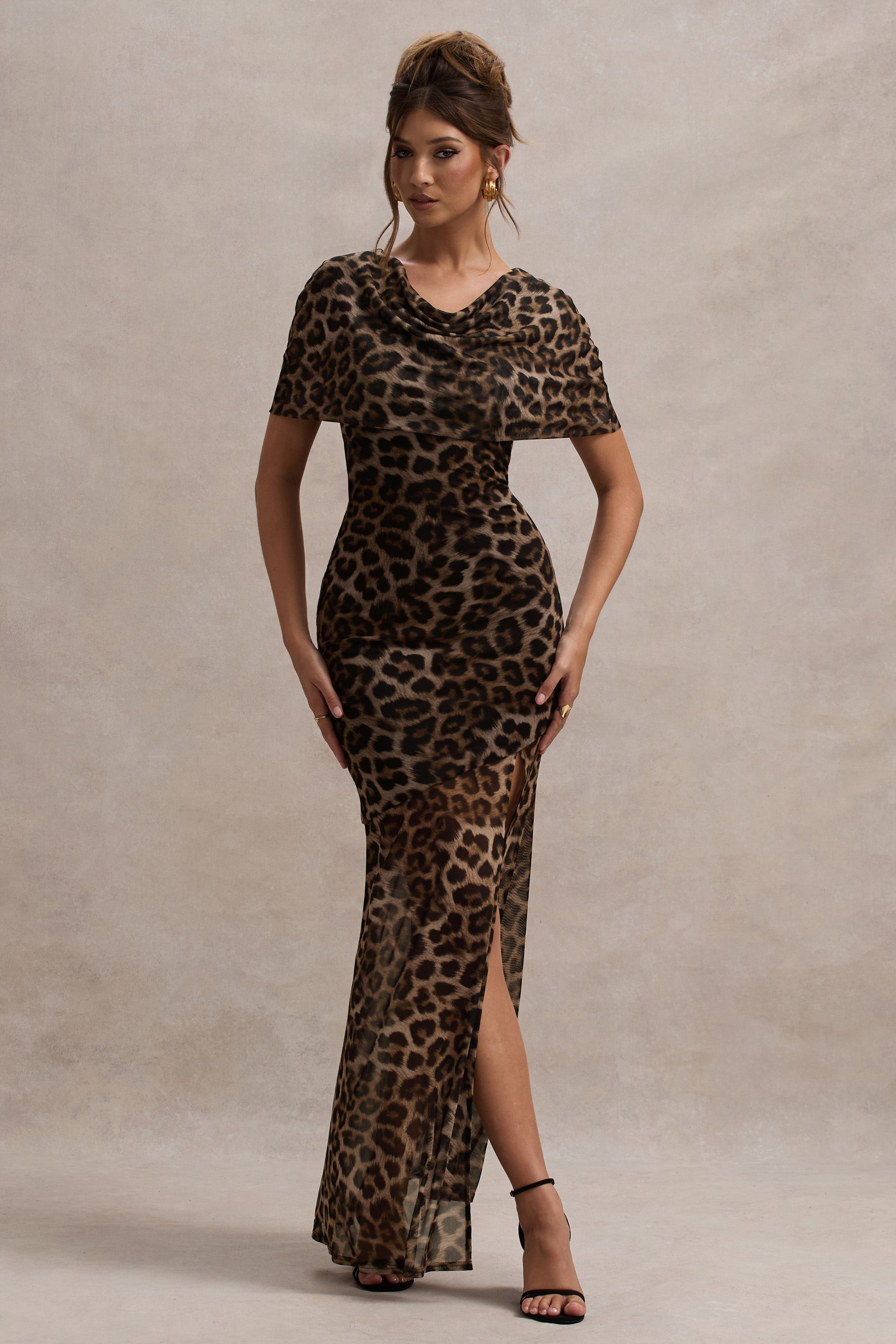 Gomez Leopard Print Mesh Cowl-Neck Split Maxi Dress