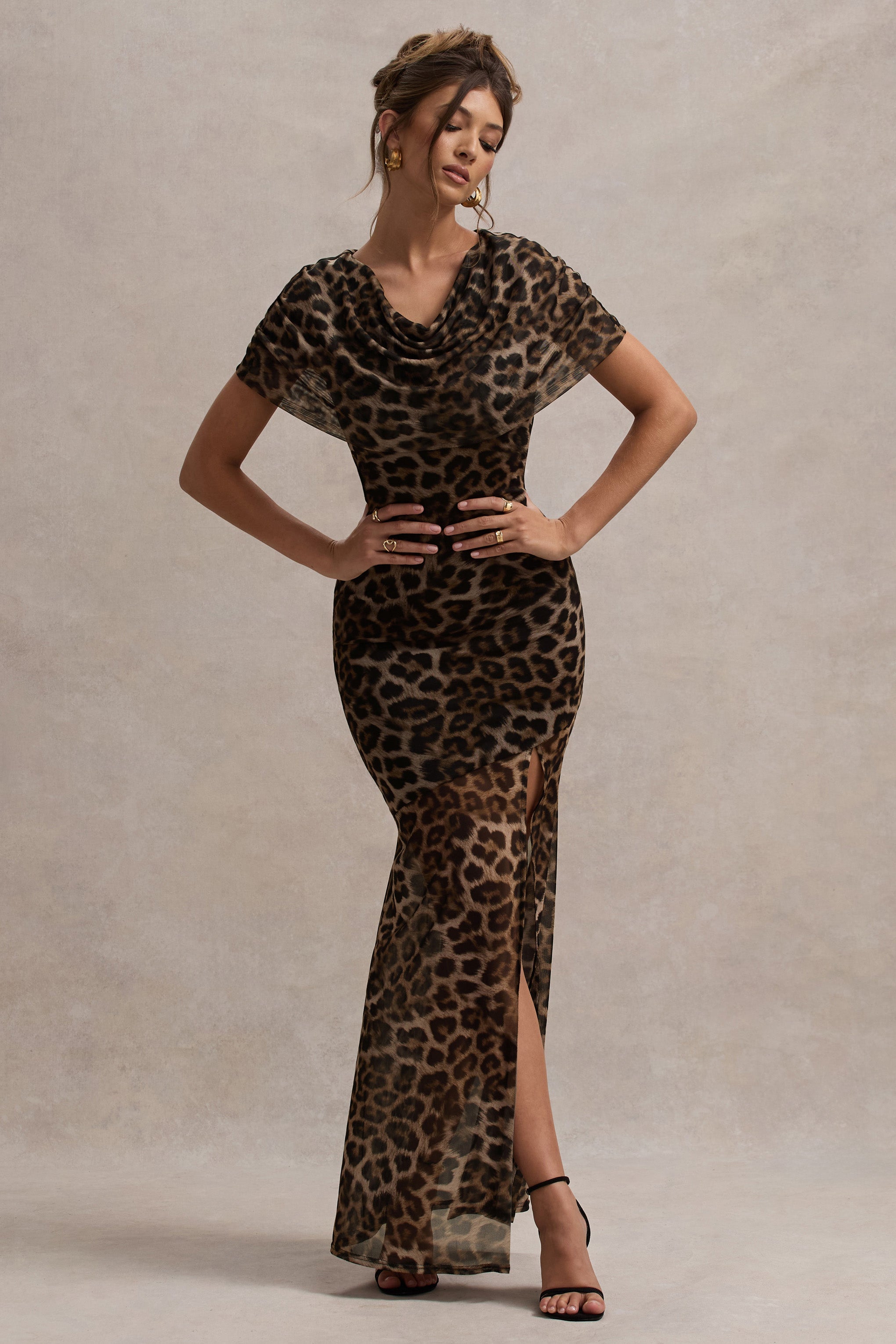 Gomez Leopard Print Mesh Cowl-Neck Split Maxi Dress