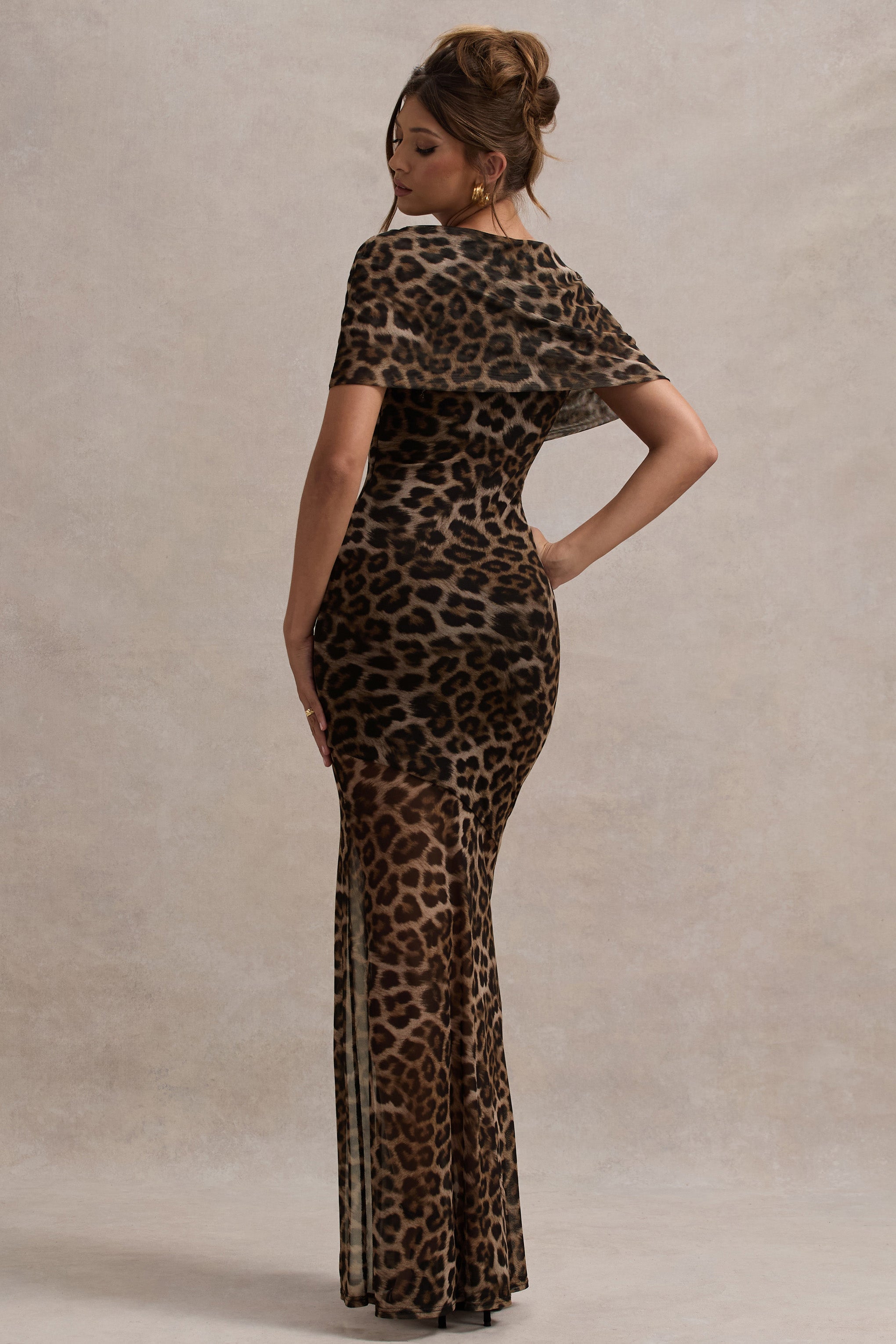 Gomez Leopard Print Mesh Cowl-Neck Split Maxi Dress