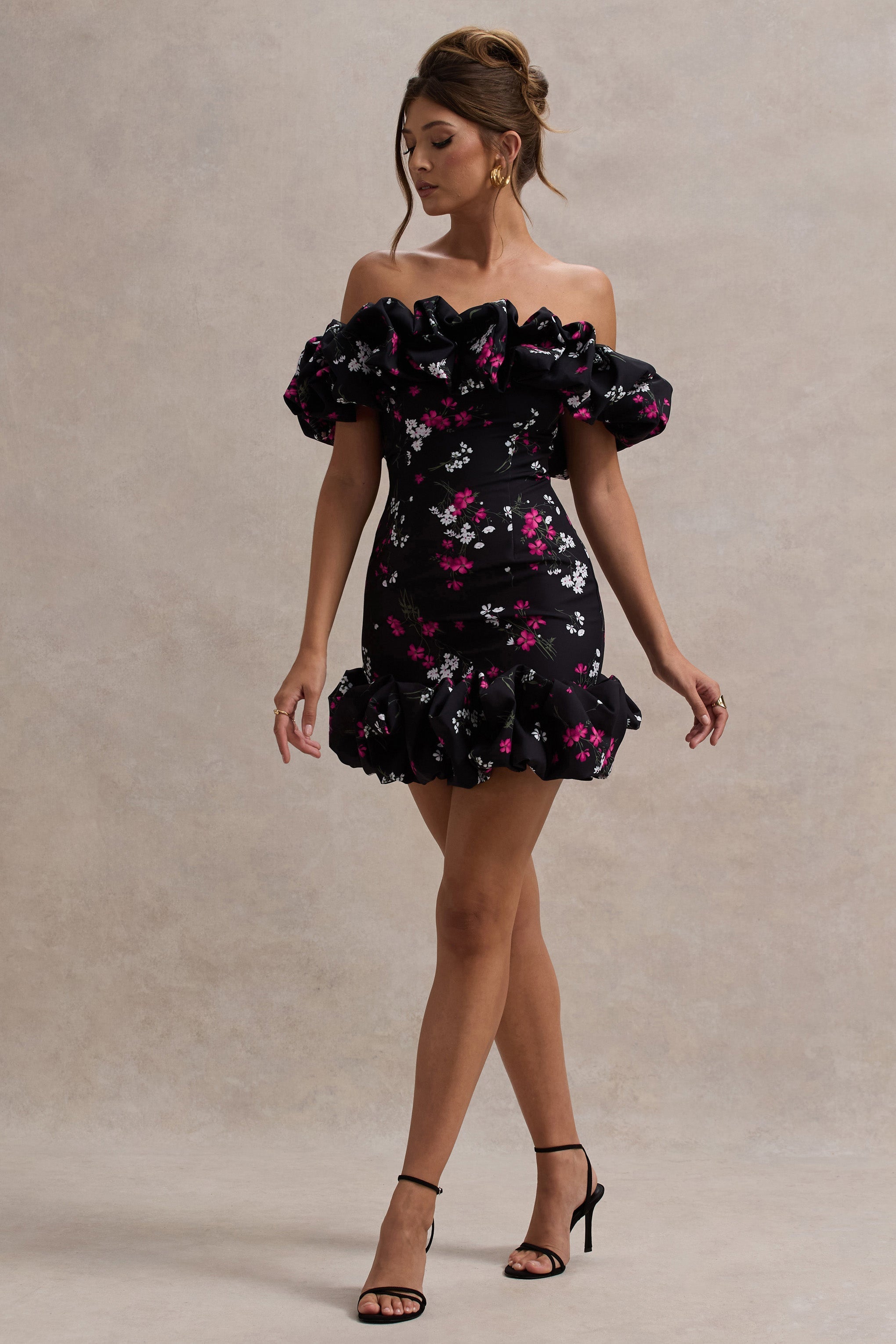 Lindo Black Ditsy Floral Print Ruffled Bardot Mini Dress