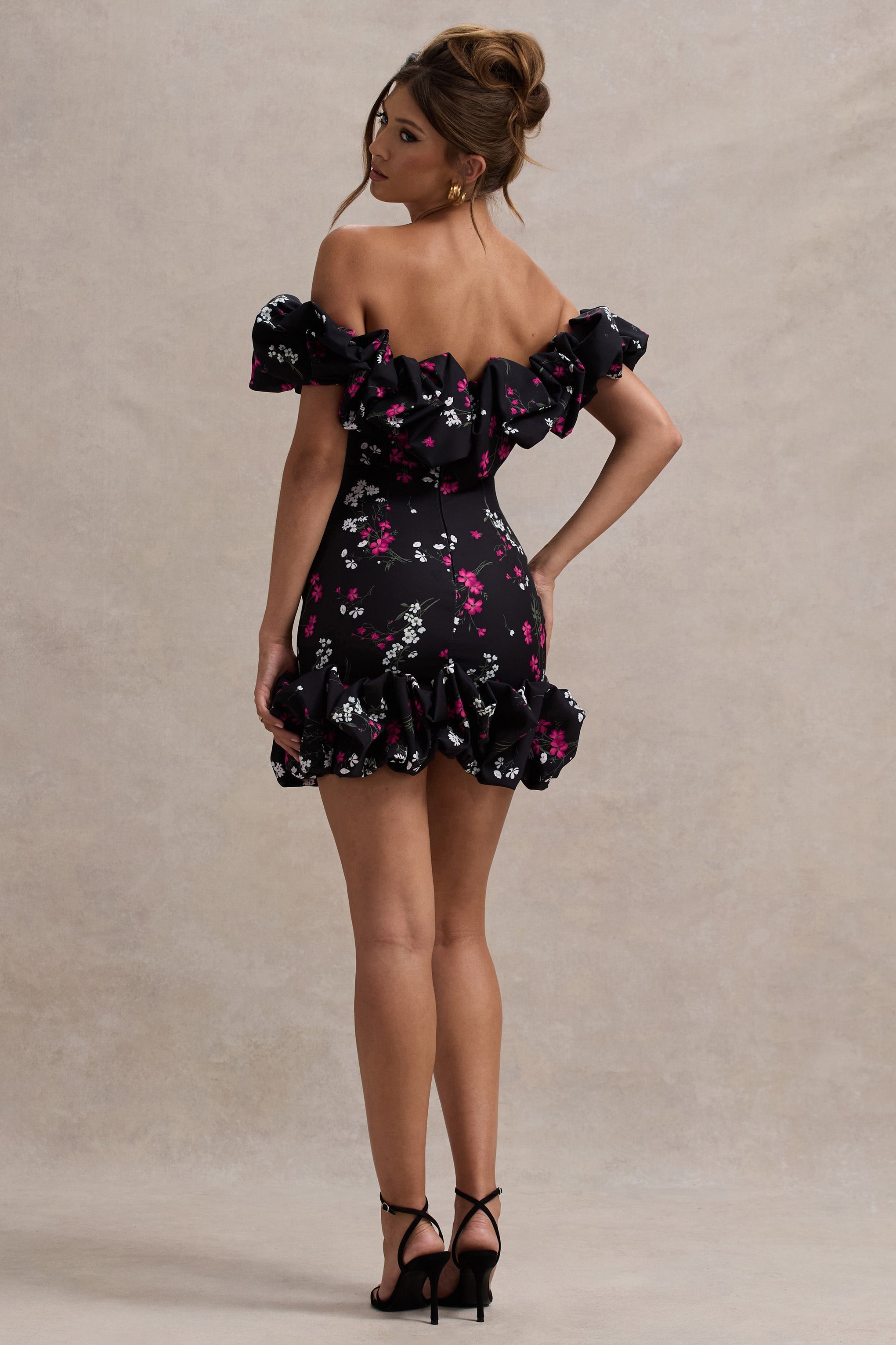 Lindo Black Ditsy Floral Print Ruffled Bardot Mini Dress