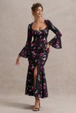 Catalonia Black Ditsy Floral Print Chiffon Long-Sleeve Split Maxi Dress