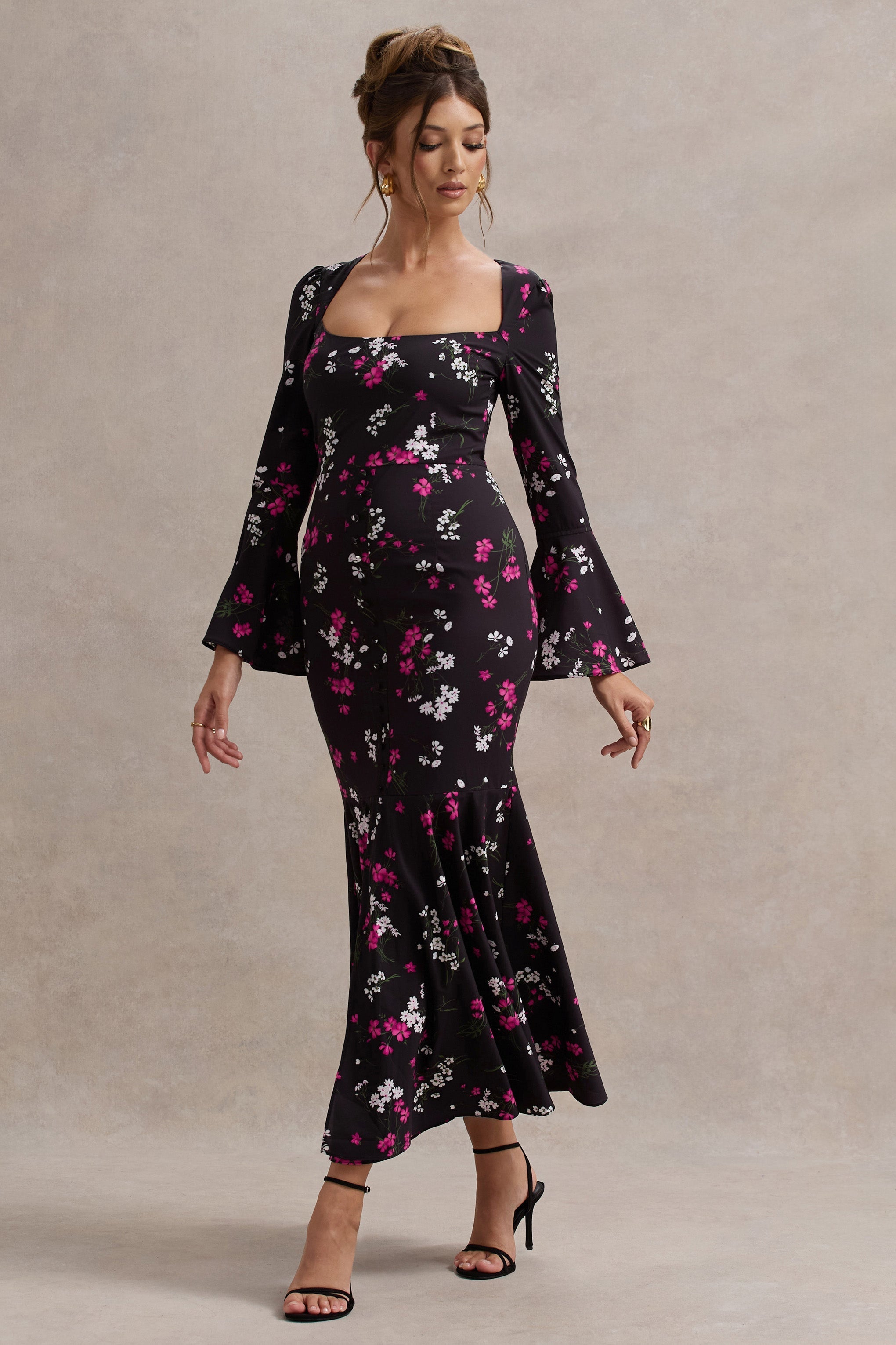 Catalonia Black Ditsy Floral Print Chiffon Long-Sleeve Split Maxi Dress
