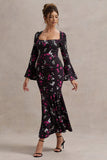 Catalonia Black Ditsy Floral Print Chiffon Long-Sleeve Split Maxi Dress