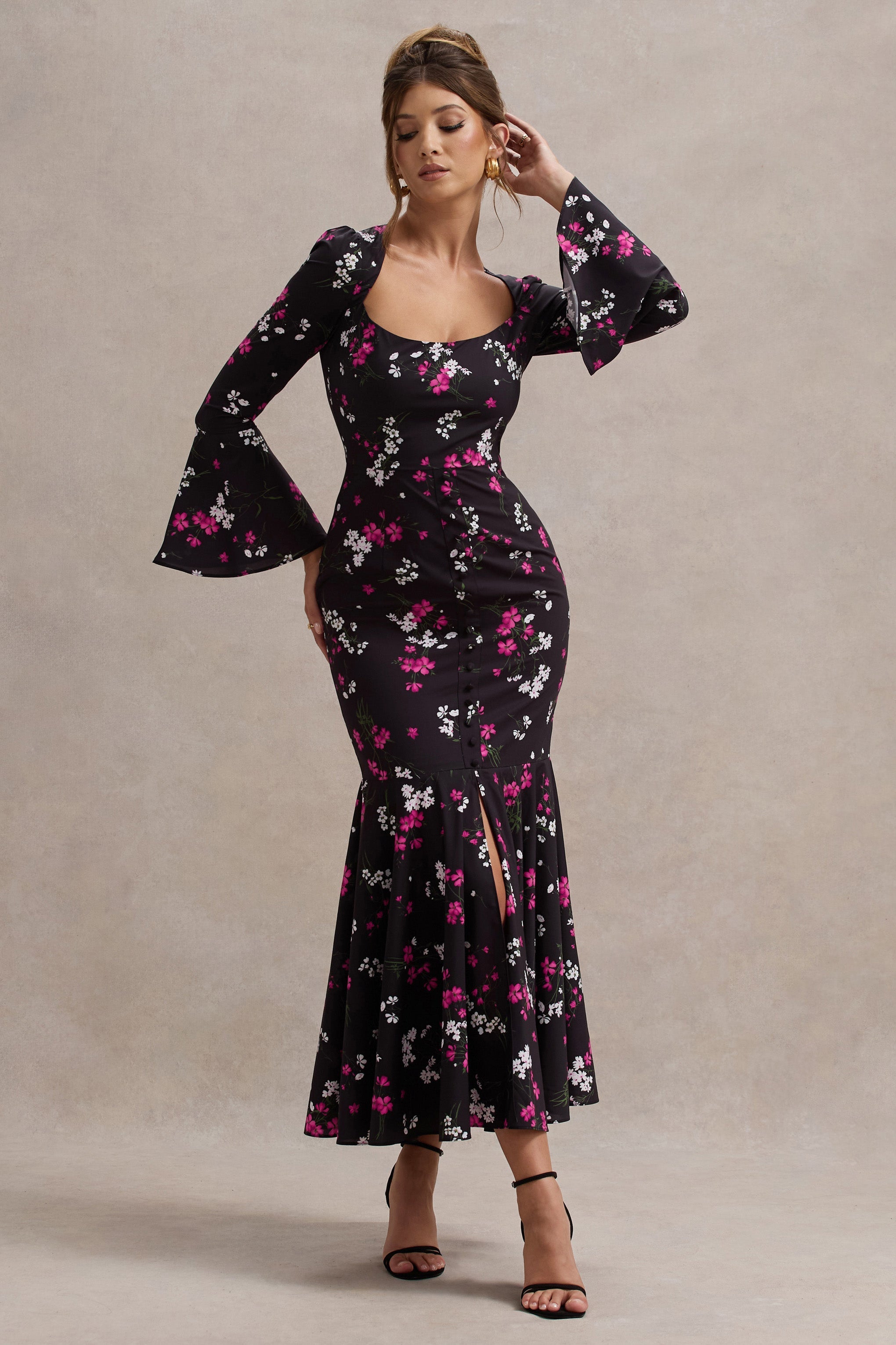 Catalonia Black Ditsy Floral Print Chiffon Long-Sleeve Split Maxi Dress