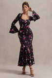 Catalonia Black Ditsy Floral Print Chiffon Long-Sleeve Split Maxi Dress