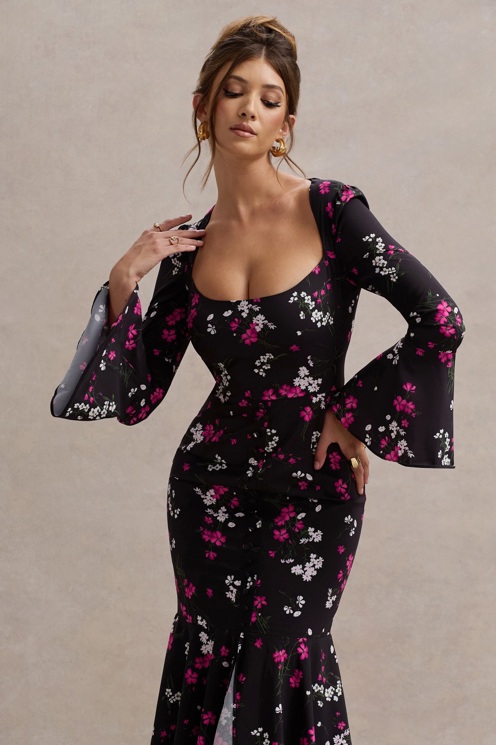 Catalonia Black Ditsy Floral Print Chiffon Long-Sleeve Split Maxi Dress