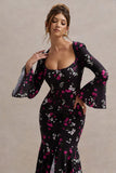 Catalonia Black Ditsy Floral Print Chiffon Long-Sleeve Split Maxi Dress