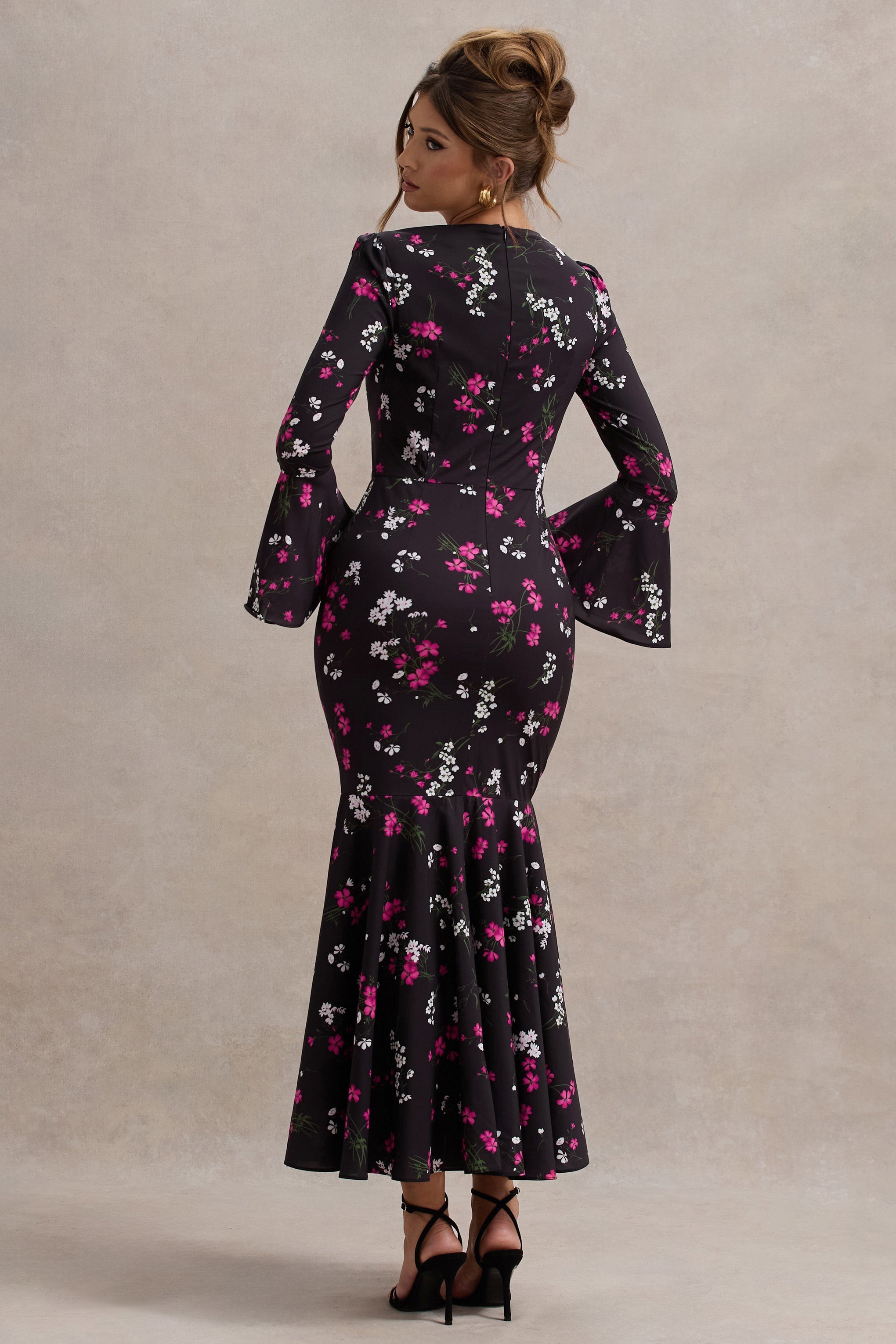Catalonia Black Ditsy Floral Print Chiffon Long-Sleeve Split Maxi Dress