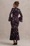 Catalonia Black Ditsy Floral Print Chiffon Long-Sleeve Split Maxi Dress