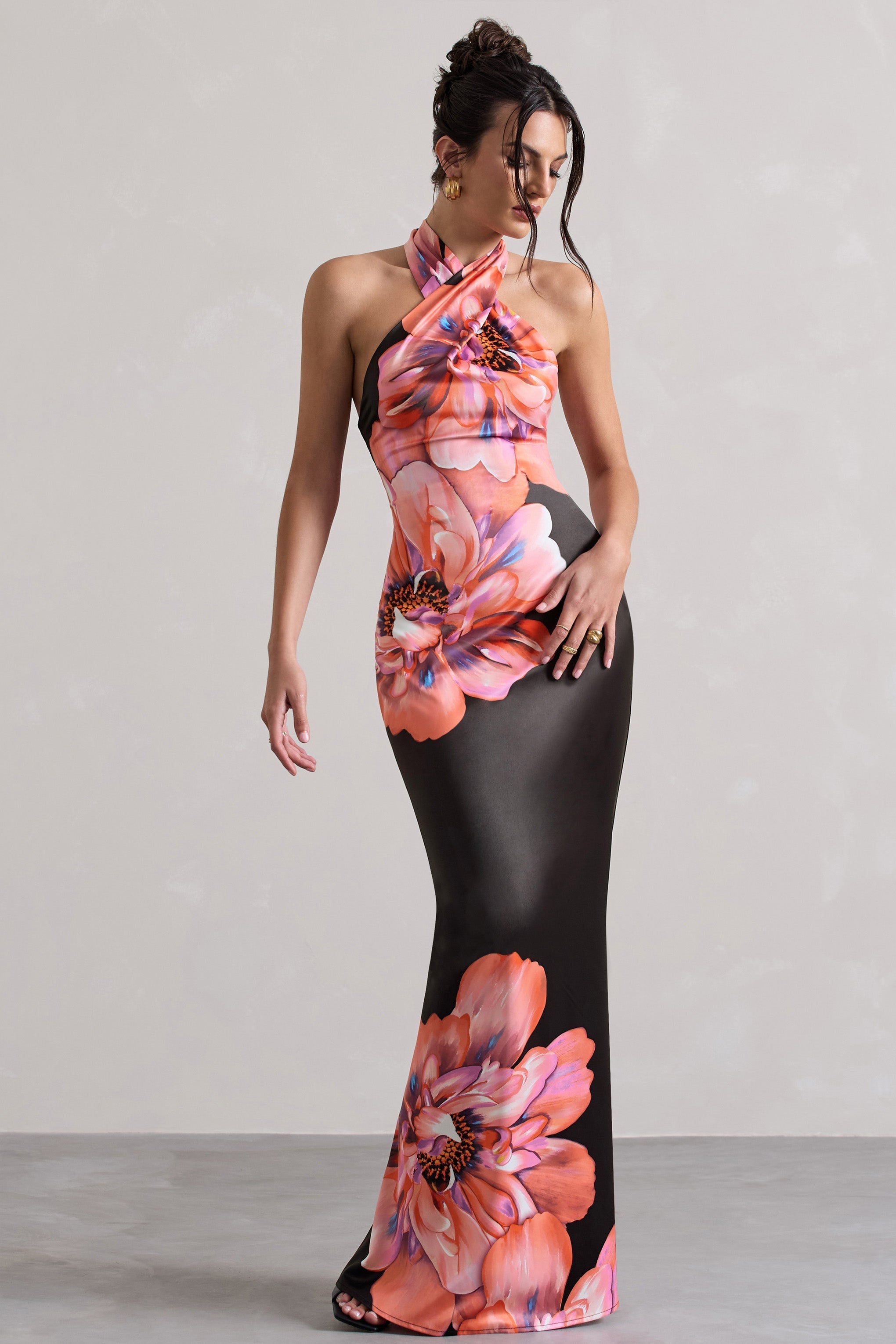 Tropicana Pink Floral Satin Cross Over Halterneck Maxi Dress