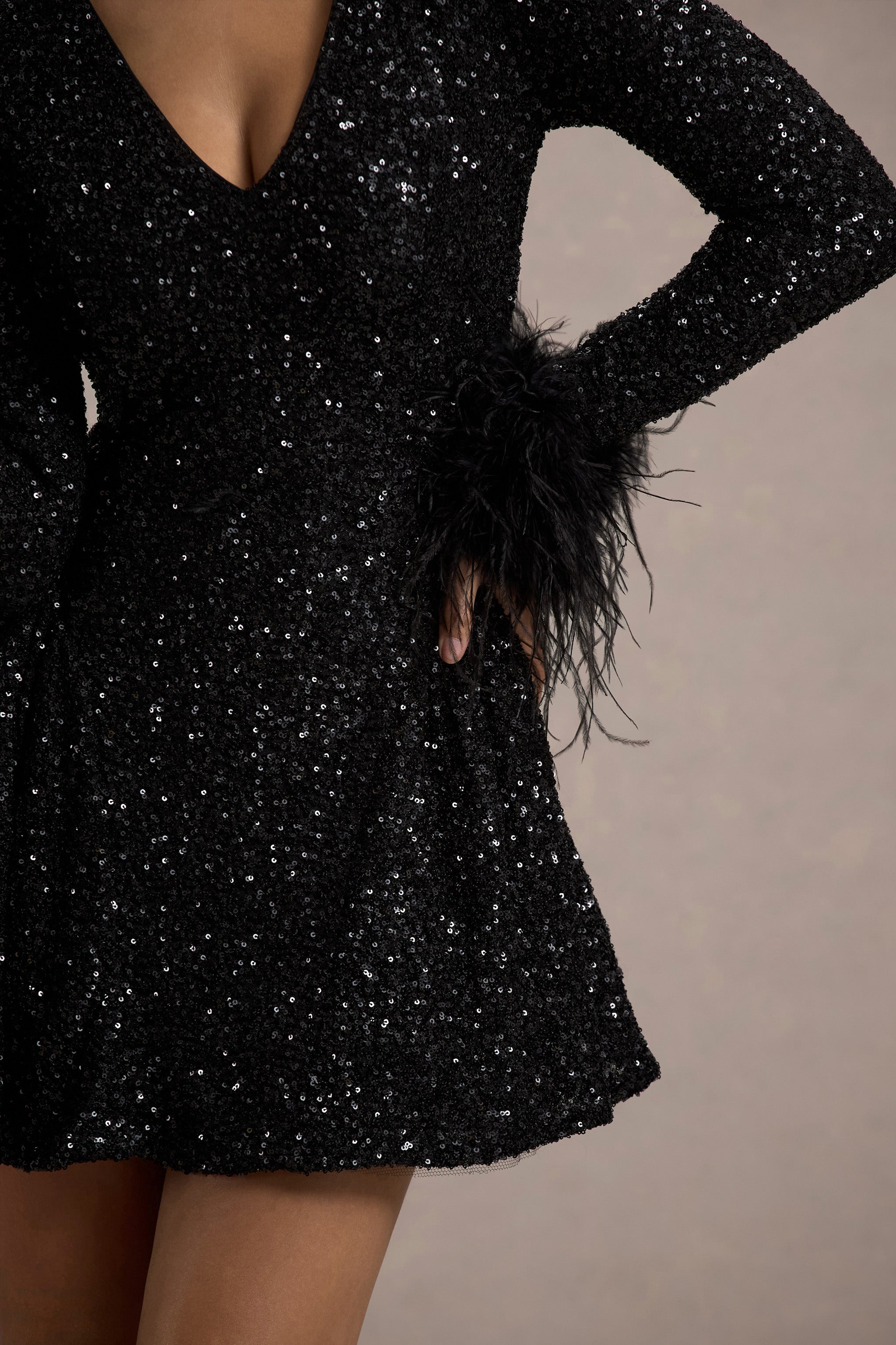 Lopez Black Sequin Plunge-Neck Feather Trim Mini Dress