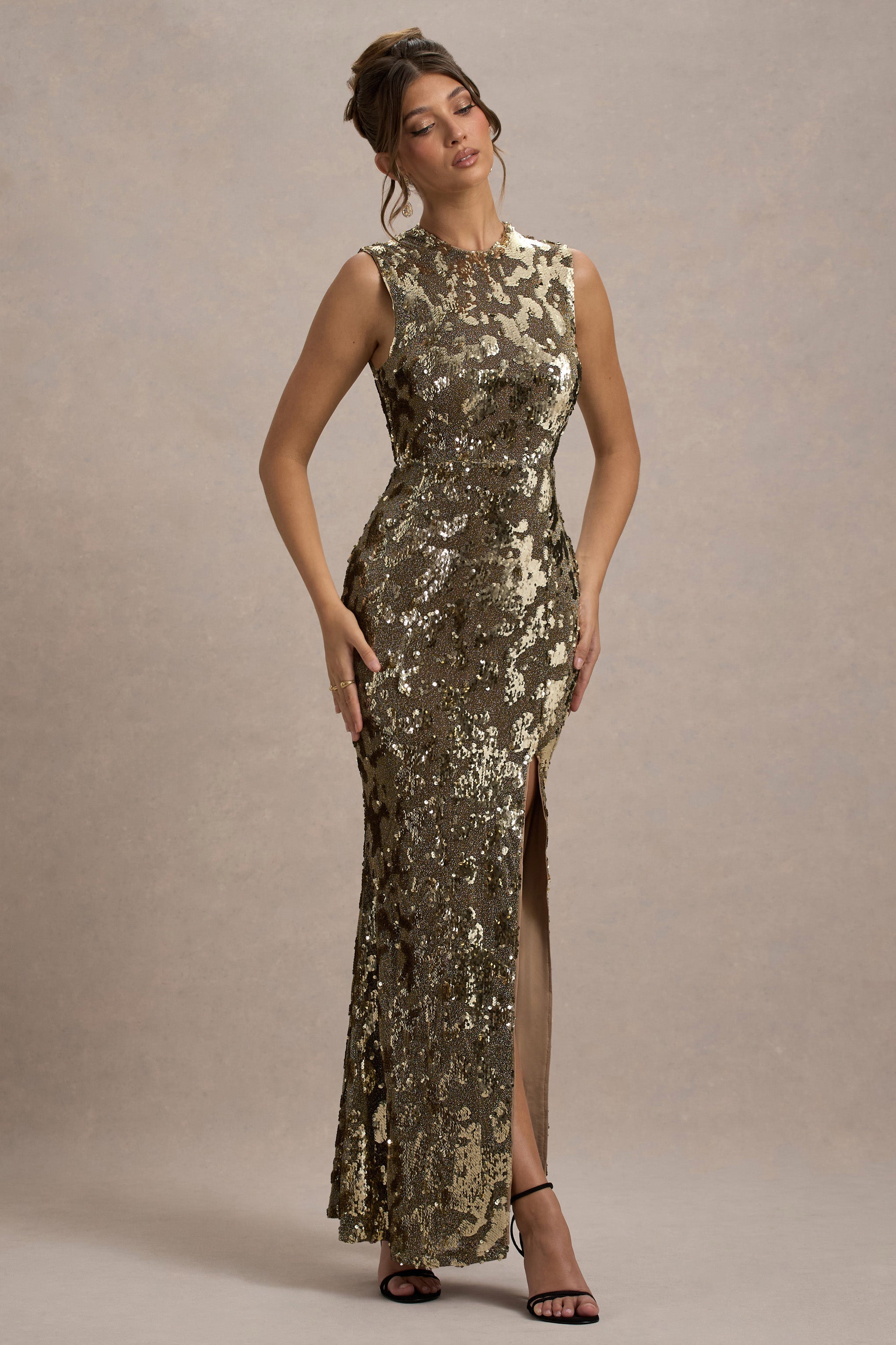 Cleopatra Gold Sequin Split Maxi Dress