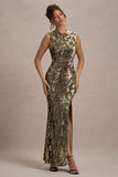 Cleopatra Gold Sequin Split Maxi Dress