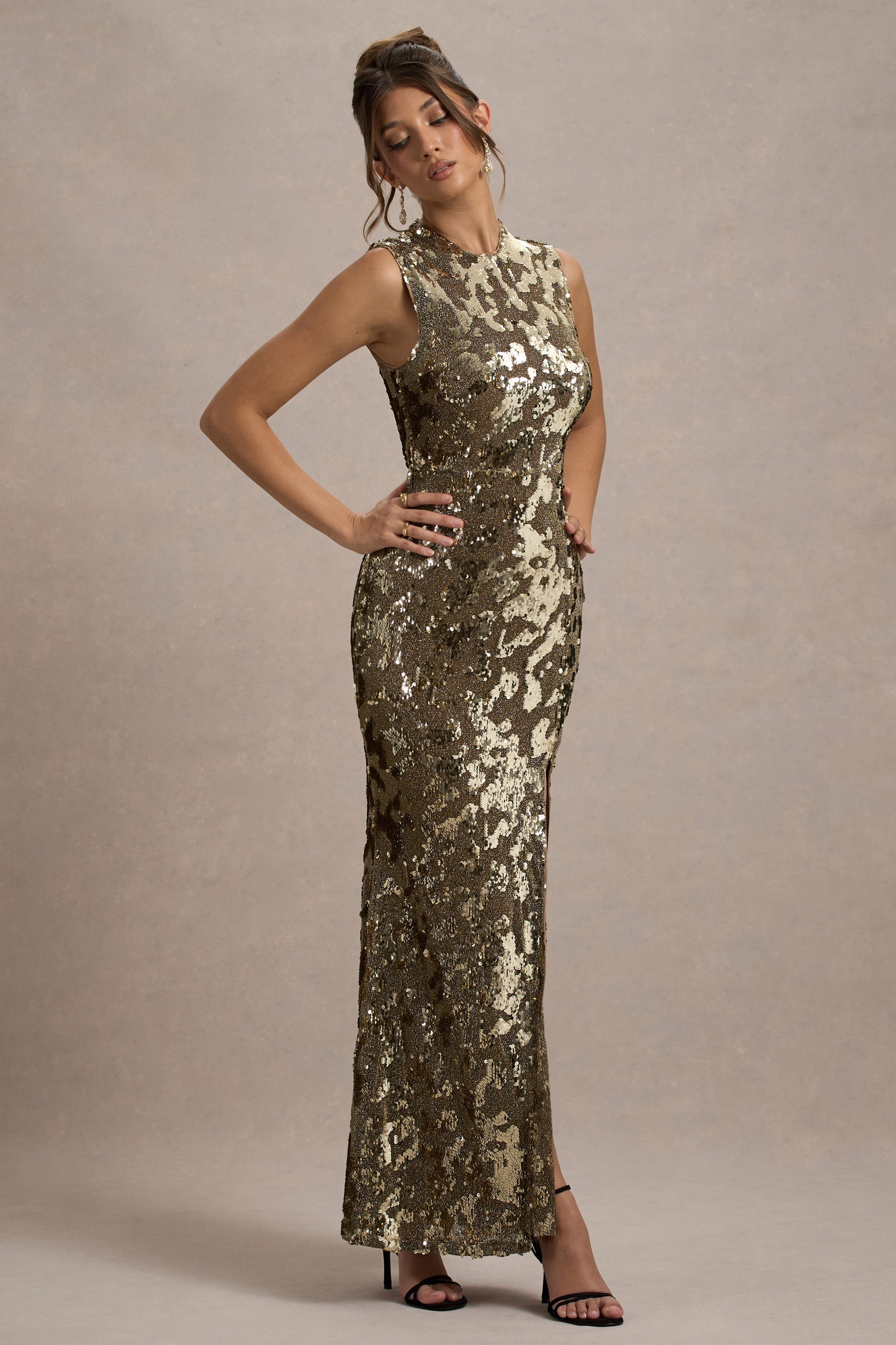 Cleopatra Gold Sequin Split Maxi Dress