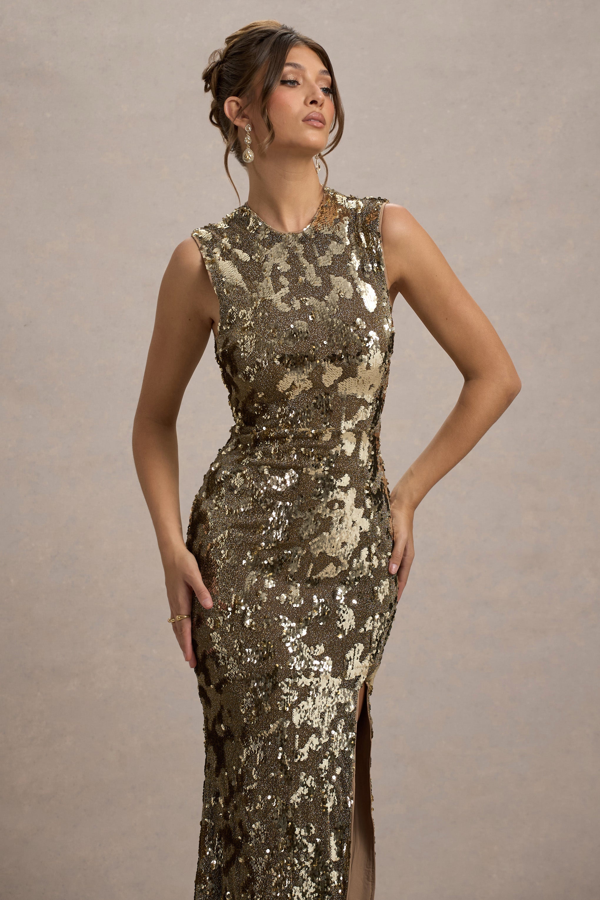 Cleopatra Gold Sequin Split Maxi Dress