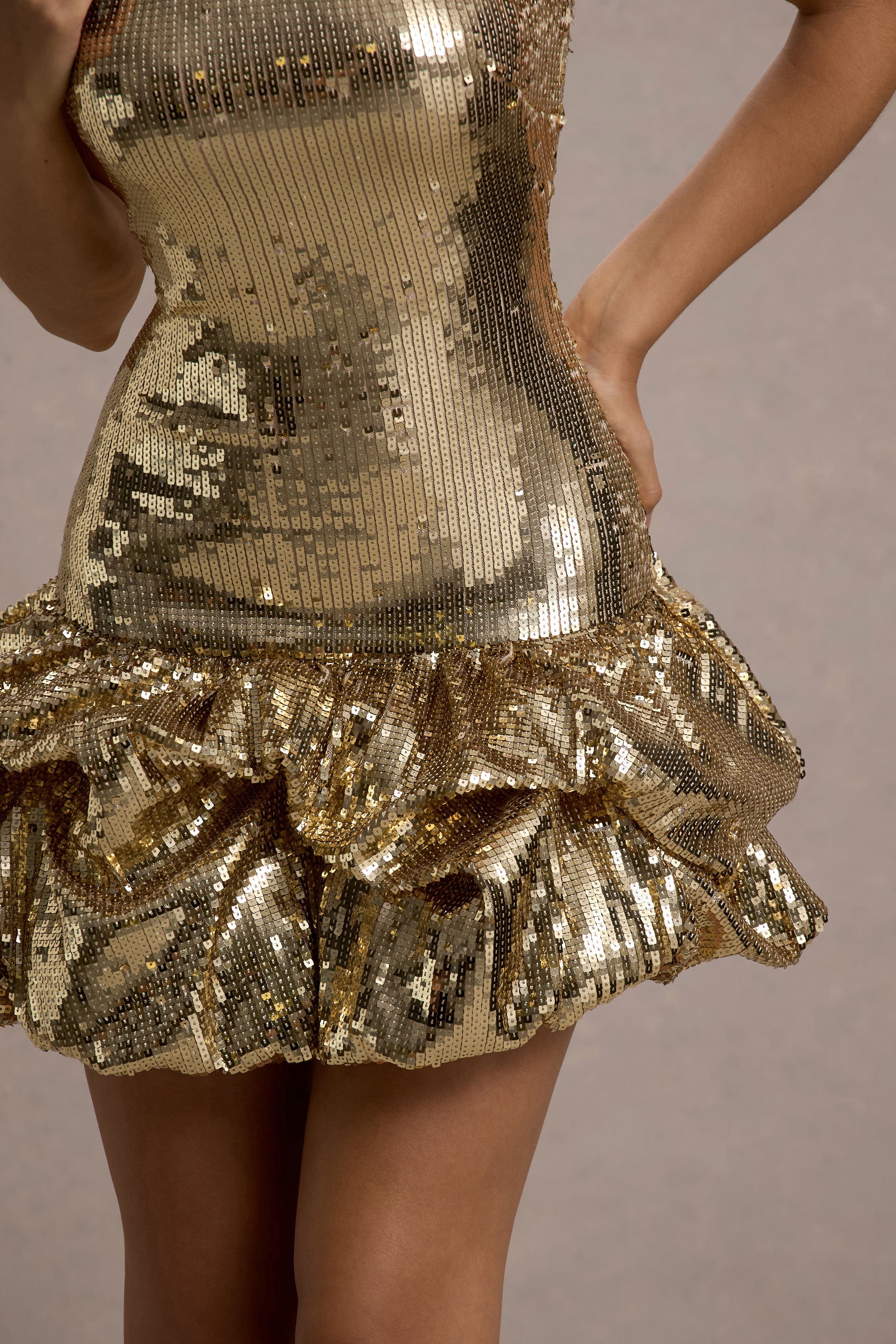 Mirabelle Gold Sequin Bandeau Mini Dress With Puff Hem