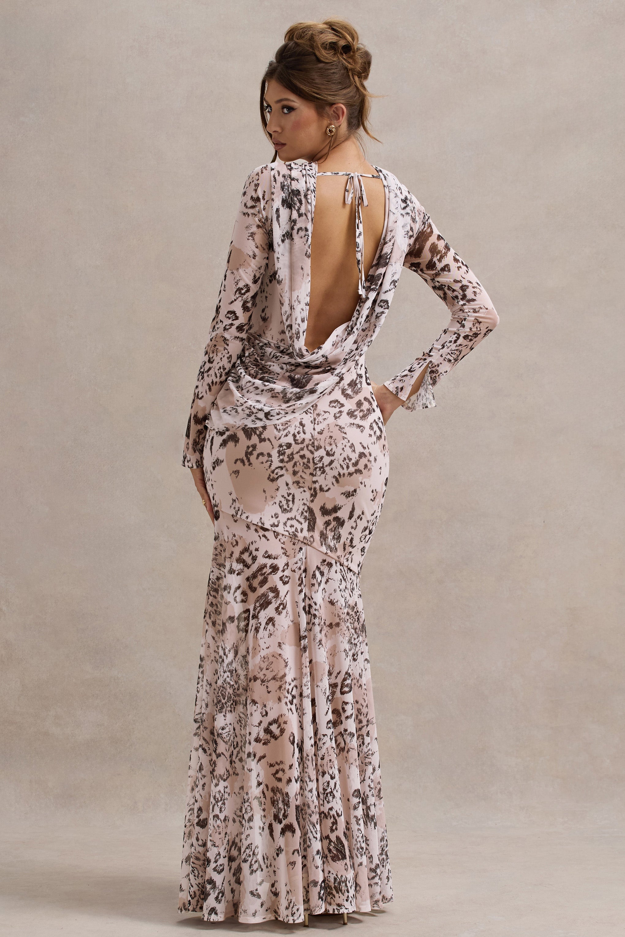 Tigerlily Leopard Print Mesh Long-Sleeve Open-Back Maxi Dress