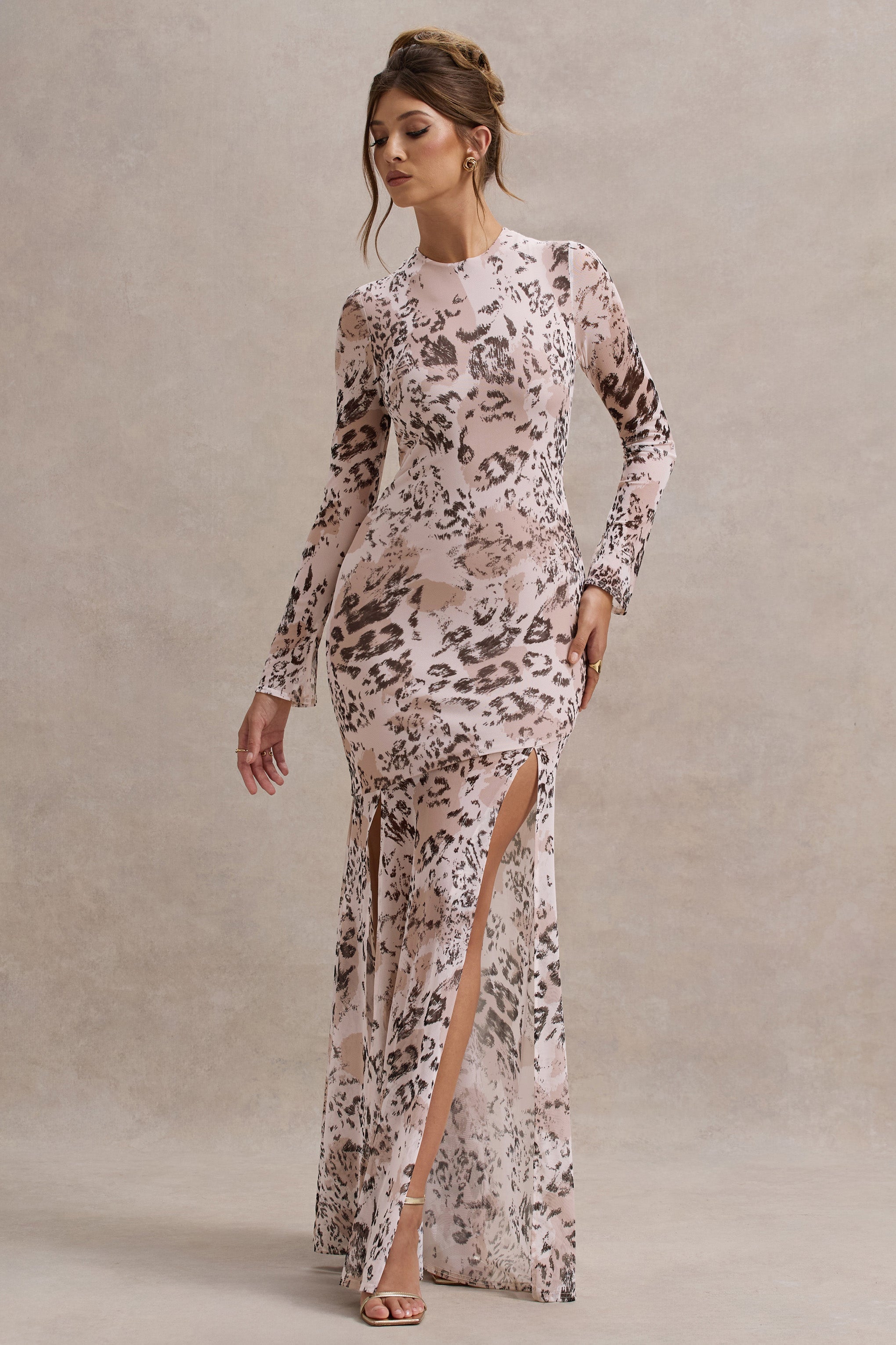 Tigerlily Leopard Print Mesh Long-Sleeve Open-Back Maxi Dress