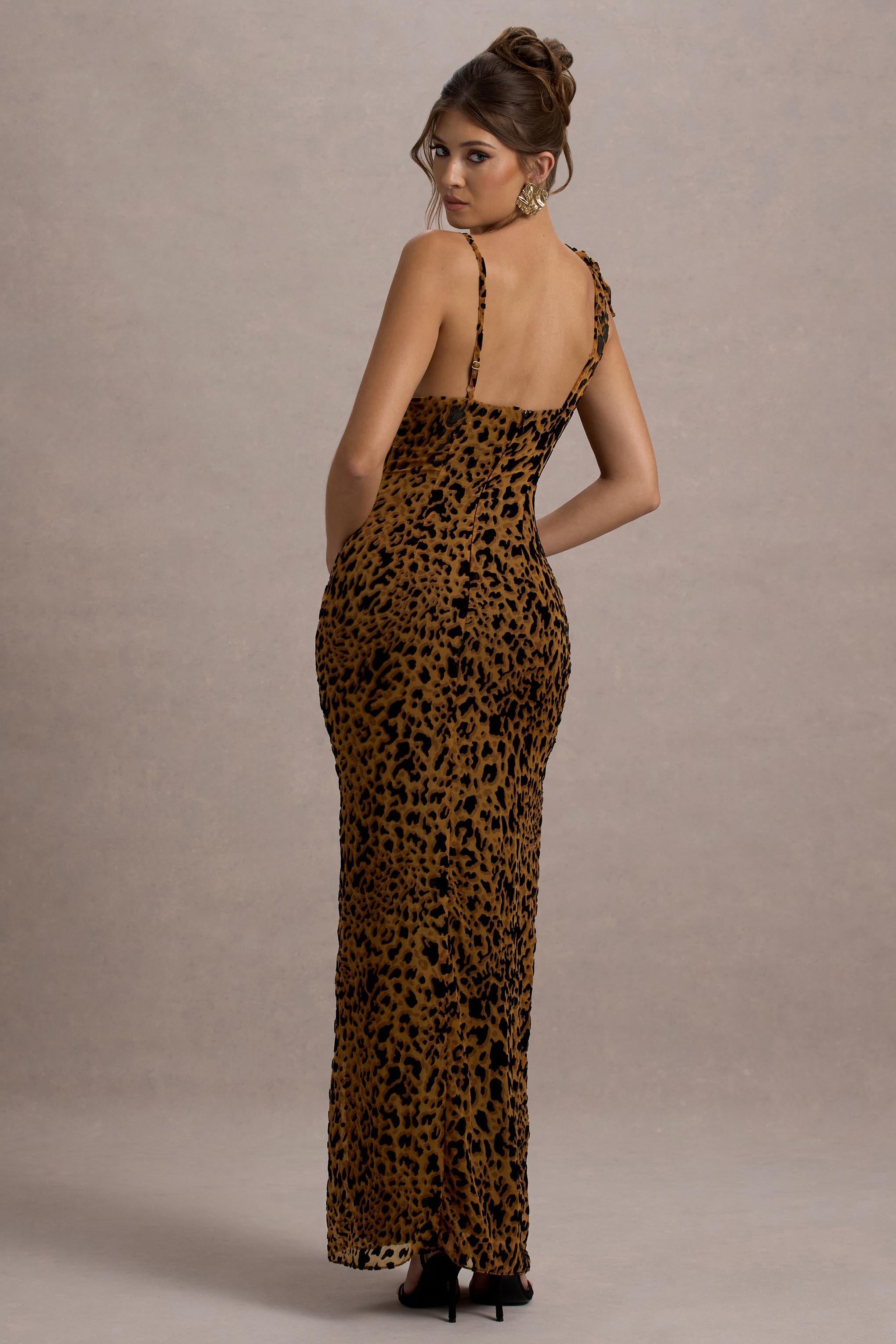 Yasmin Leopard Print Velvet Strappy Maxi Dress With Bow