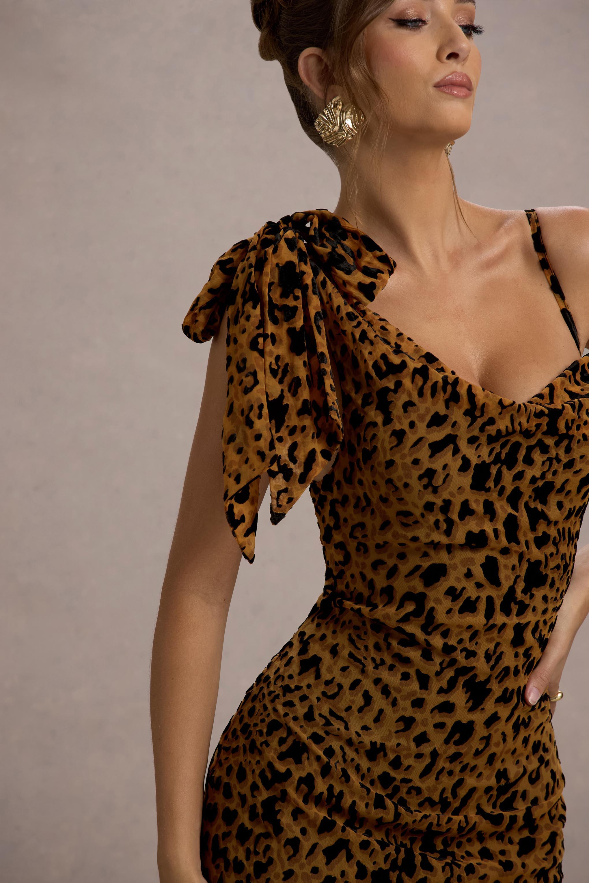 Yasmin Leopard Print Velvet Strappy Maxi Dress With Bow