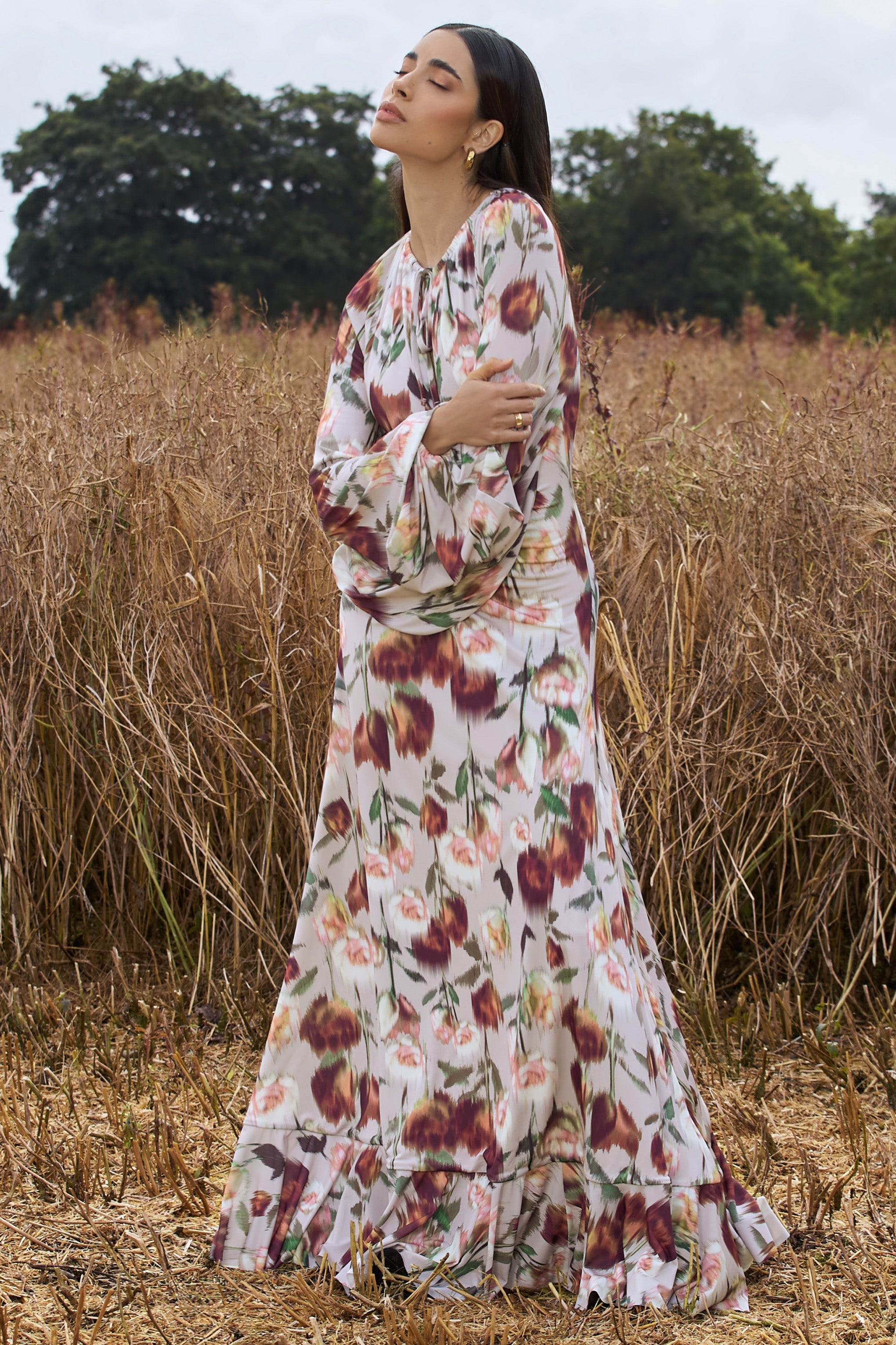 Althena Cream Floral Print Balloon-Sleeve Maxi Dress