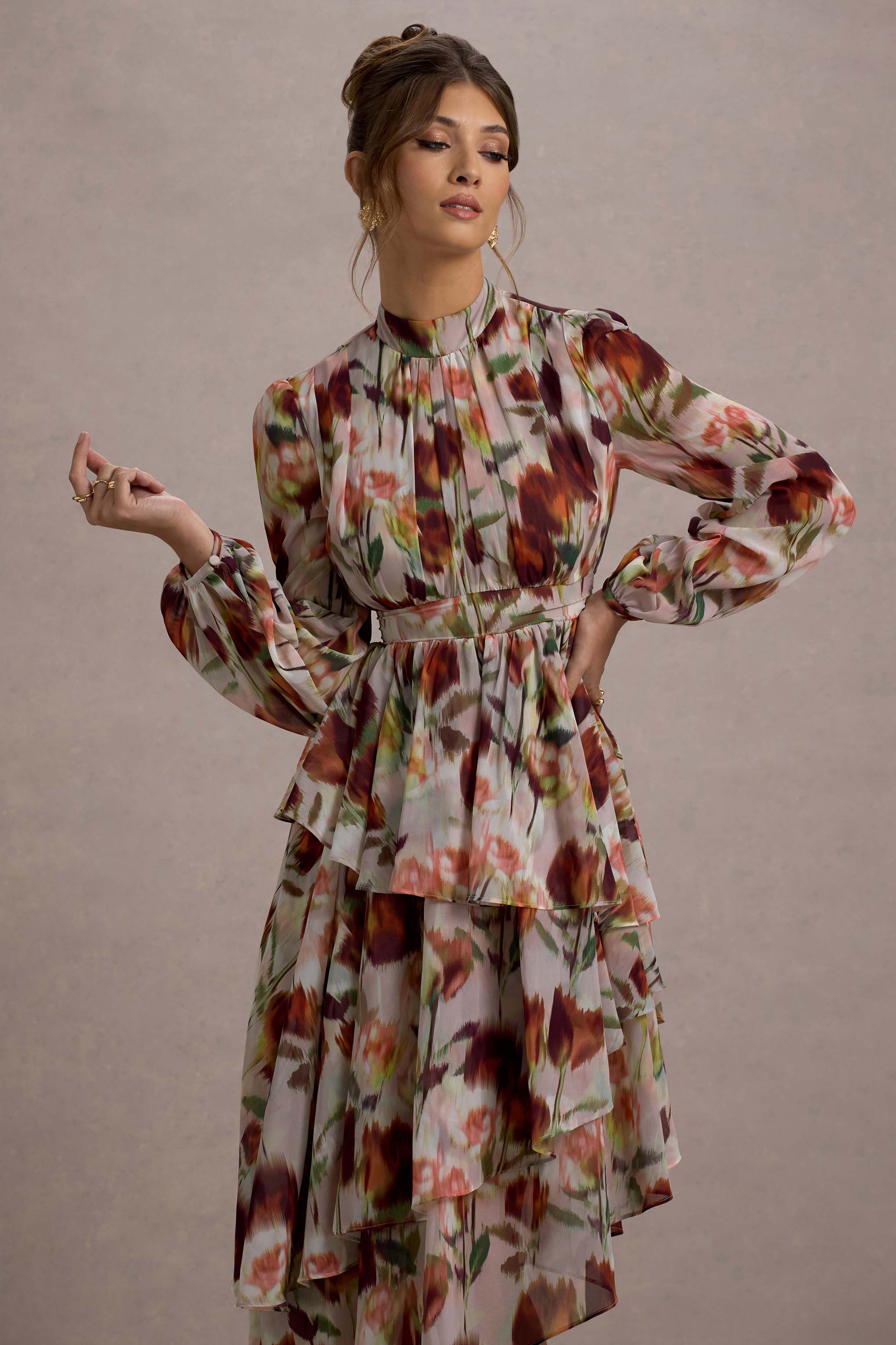 Begonia Cream Floral Print High-Neck Tiered Chiffon Maxi Dress