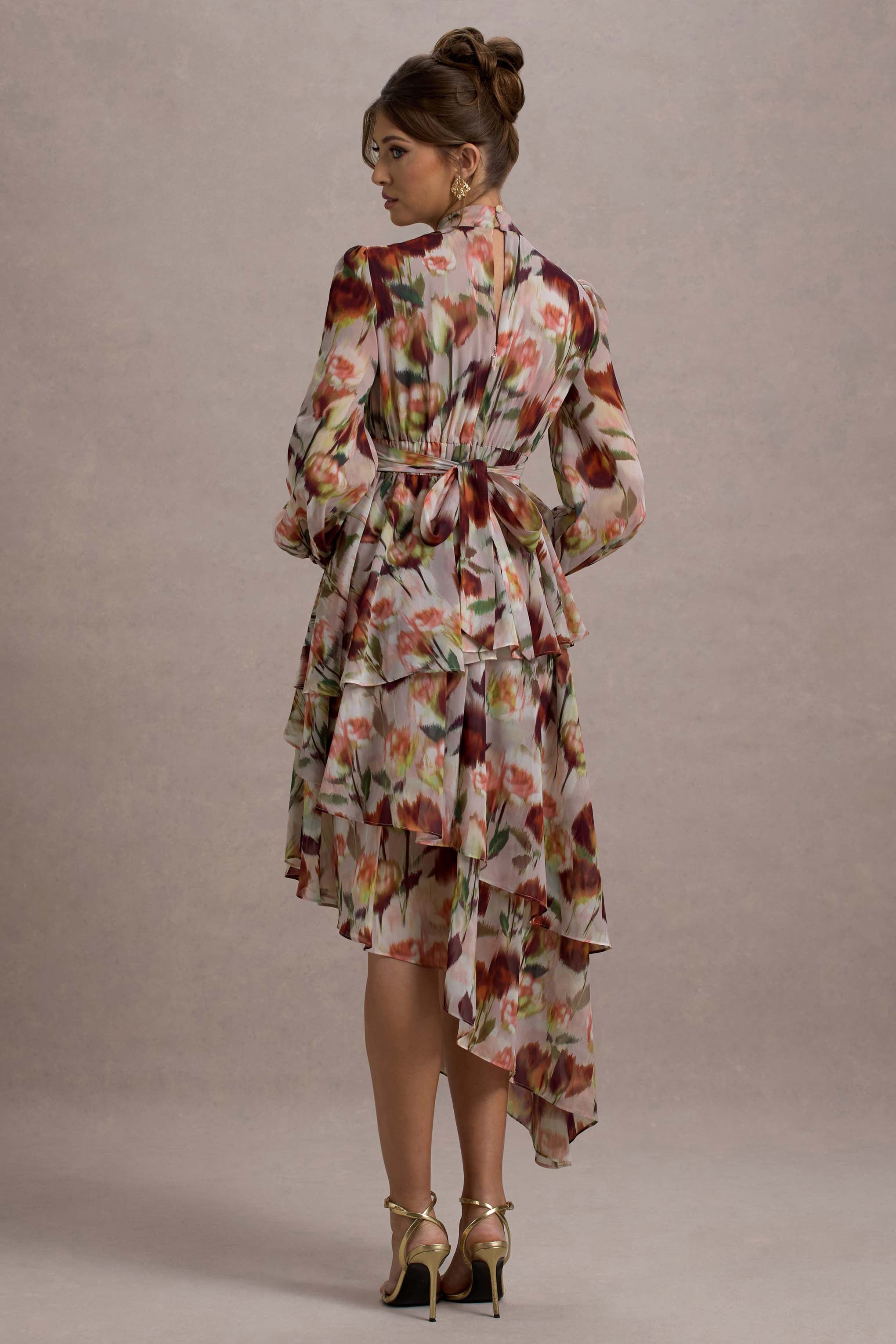 Begonia Cream Floral Print High-Neck Tiered Chiffon Maxi Dress