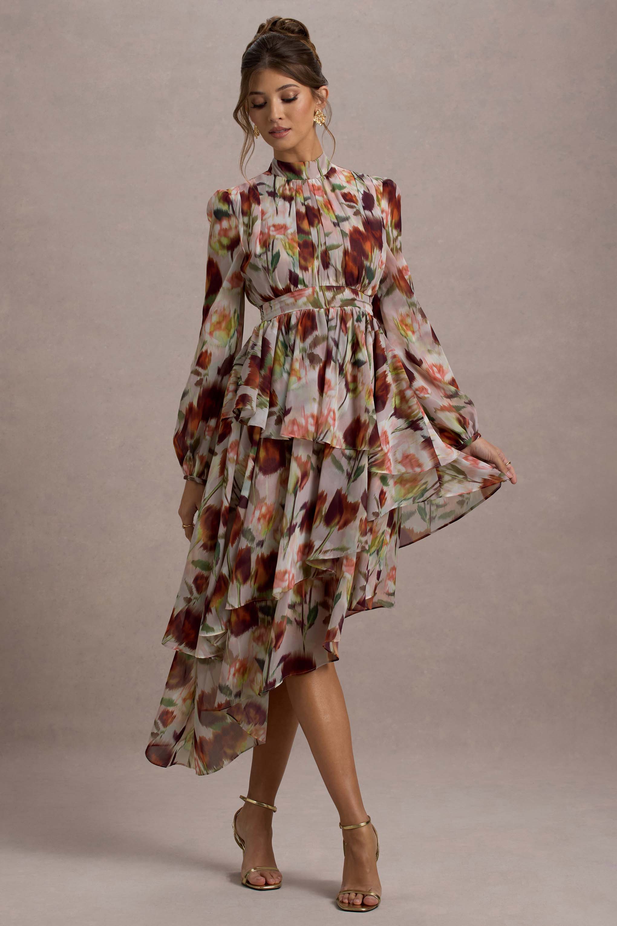 Begonia Cream Floral Print High-Neck Tiered Chiffon Maxi Dress