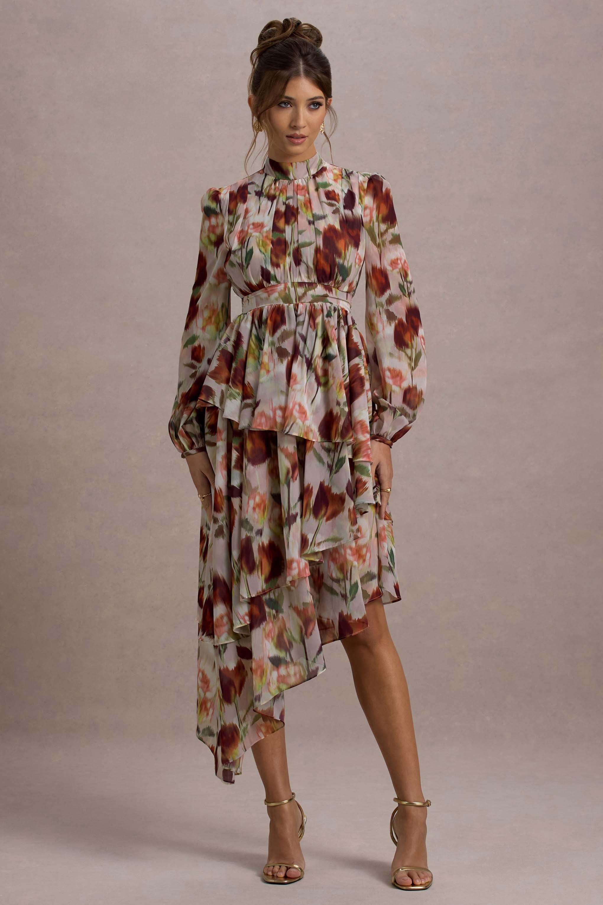 Begonia Cream Floral Print High-Neck Tiered Chiffon Maxi Dress