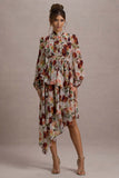 Begonia Cream Floral Print High-Neck Tiered Chiffon Maxi Dress