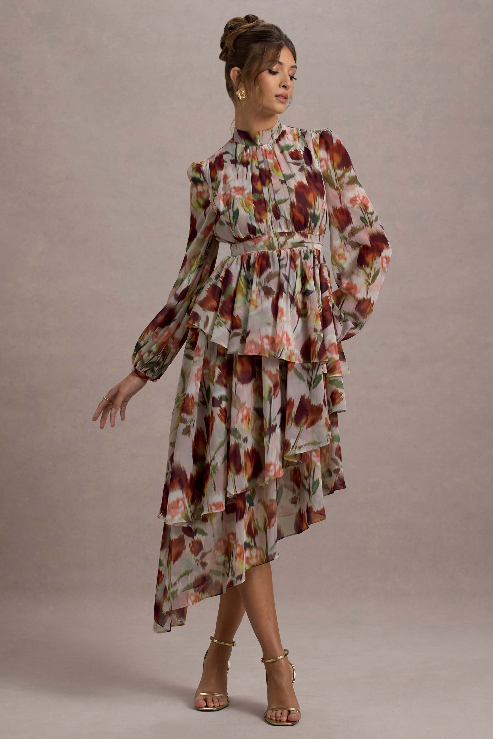 Begonia Cream Floral Print High-Neck Tiered Chiffon Maxi Dress