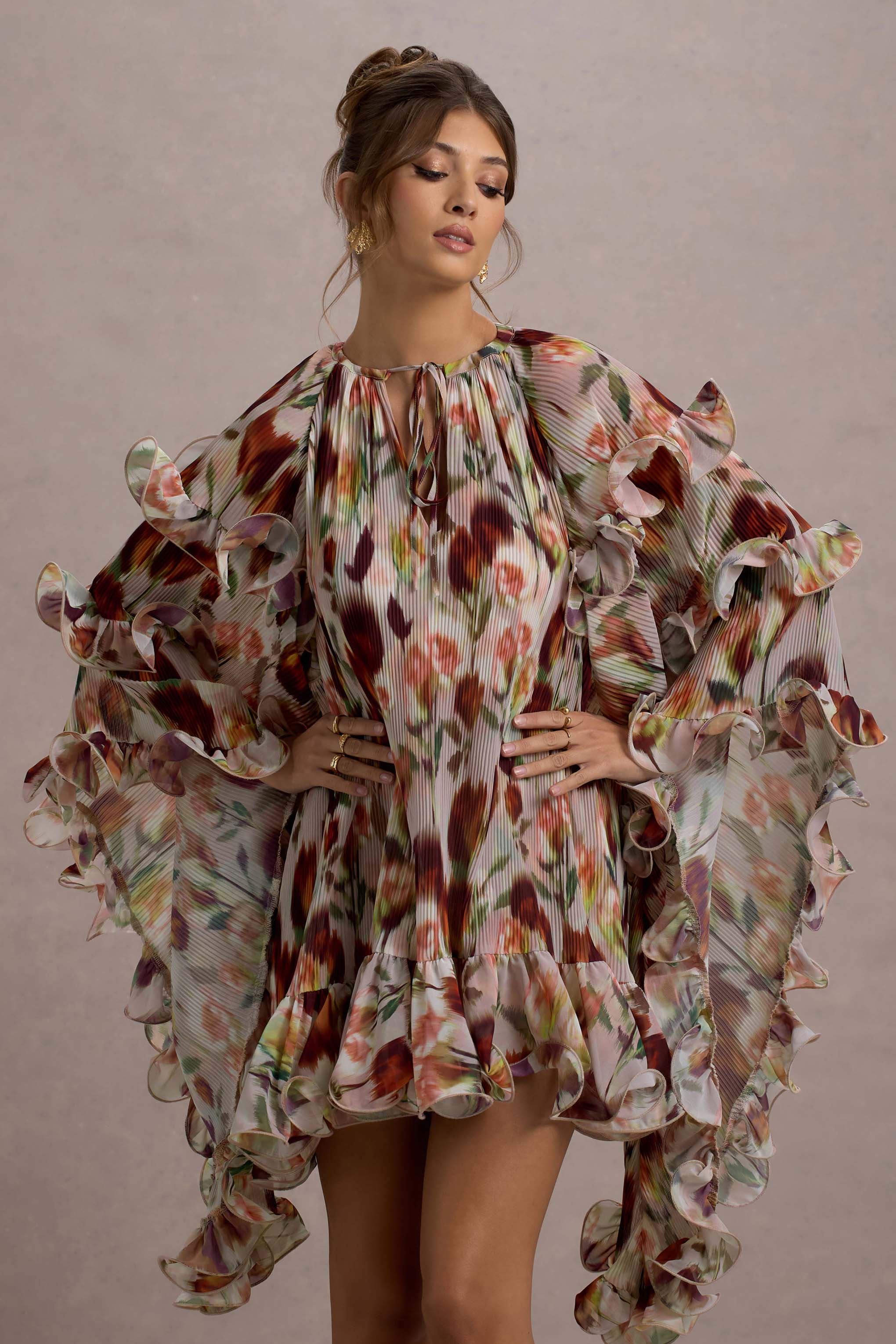 Abelia Cream Floral Print High-Neck Cape-Sleeve Chiffon Mini Dress