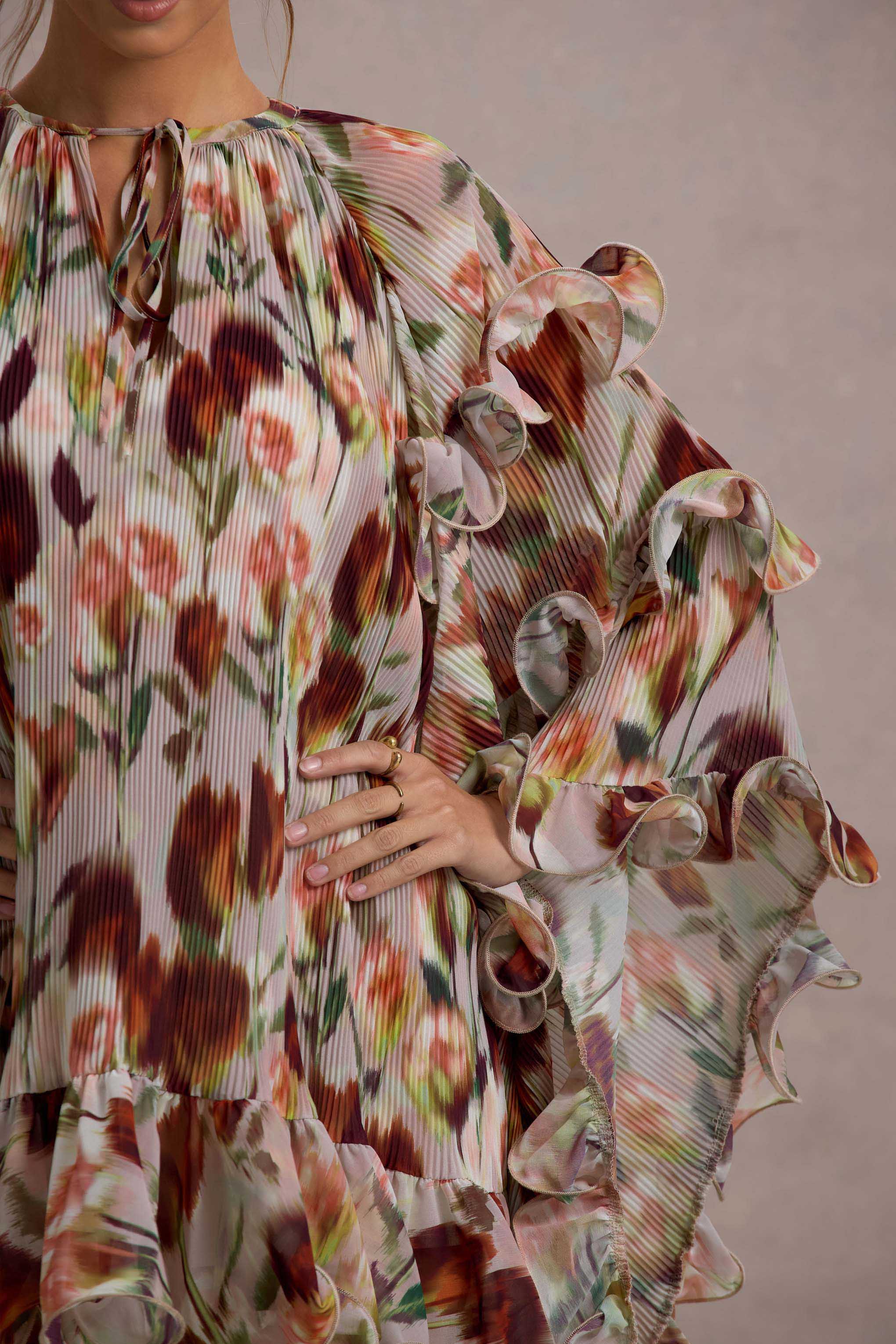 Abelia Cream Floral Print High-Neck Cape-Sleeve Chiffon Mini Dress