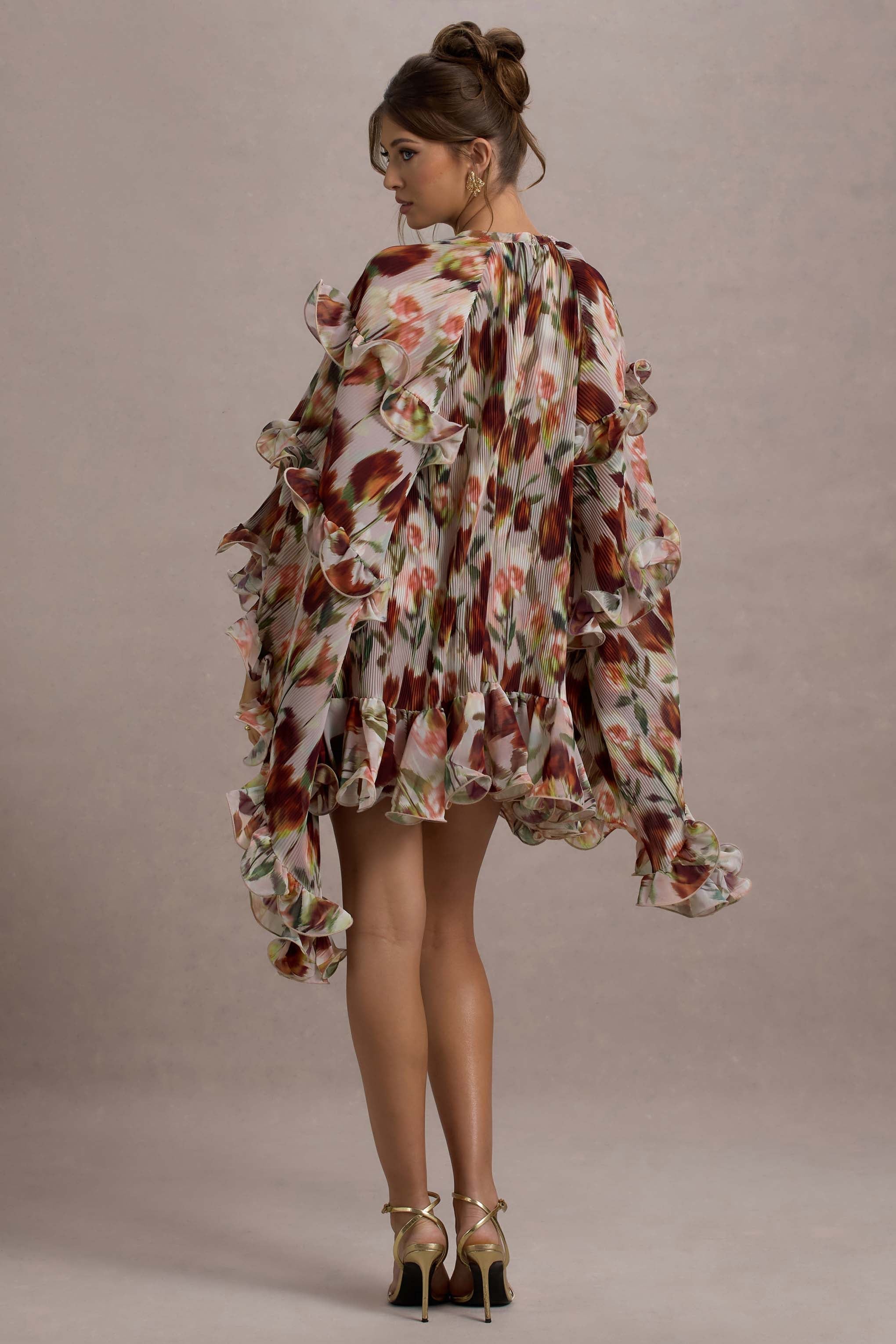 Abelia Cream Floral Print High-Neck Cape-Sleeve Chiffon Mini Dress