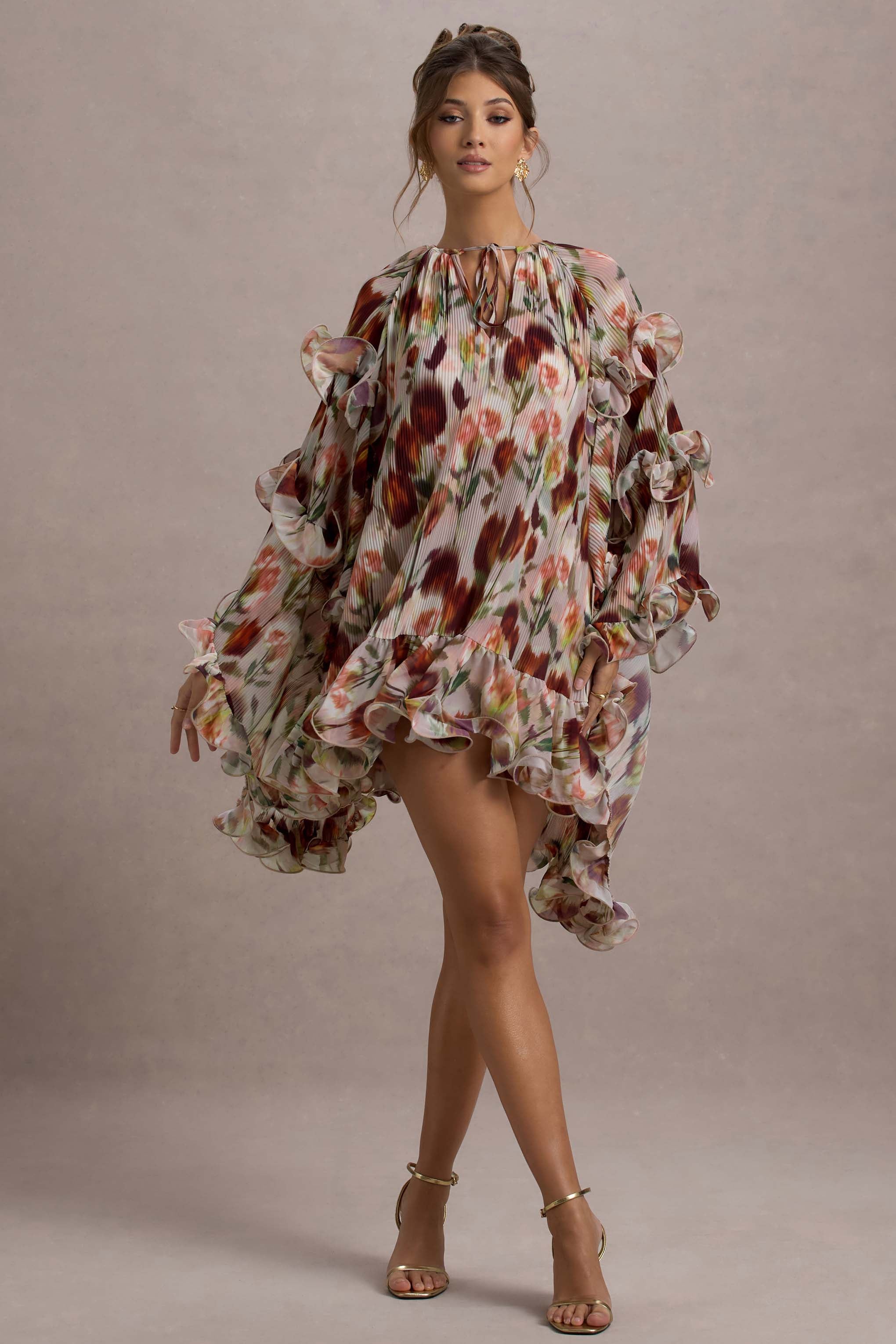 Abelia Cream Floral Print High-Neck Cape-Sleeve Chiffon Mini Dress
