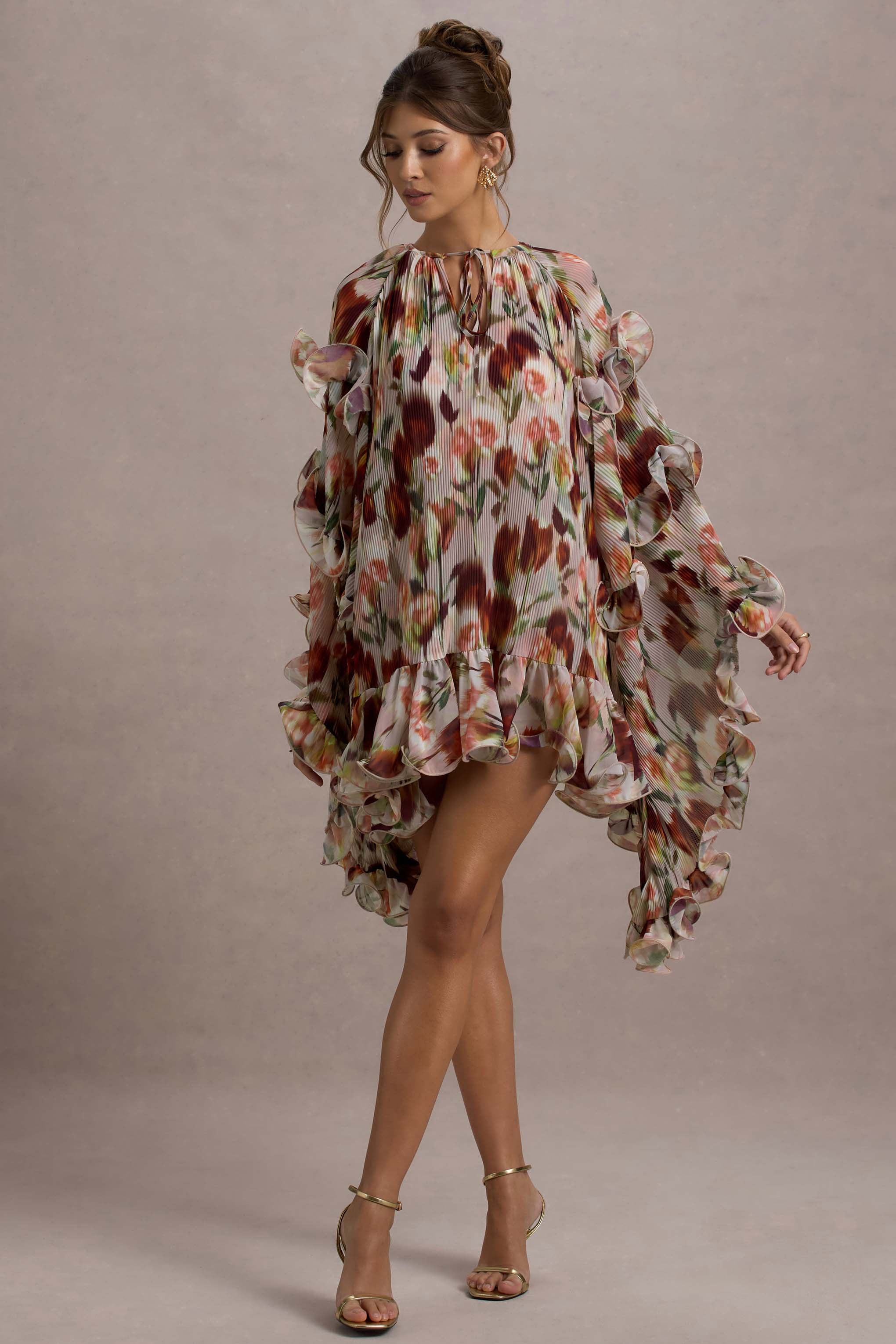 Abelia Cream Floral Print High-Neck Cape-Sleeve Chiffon Mini Dress