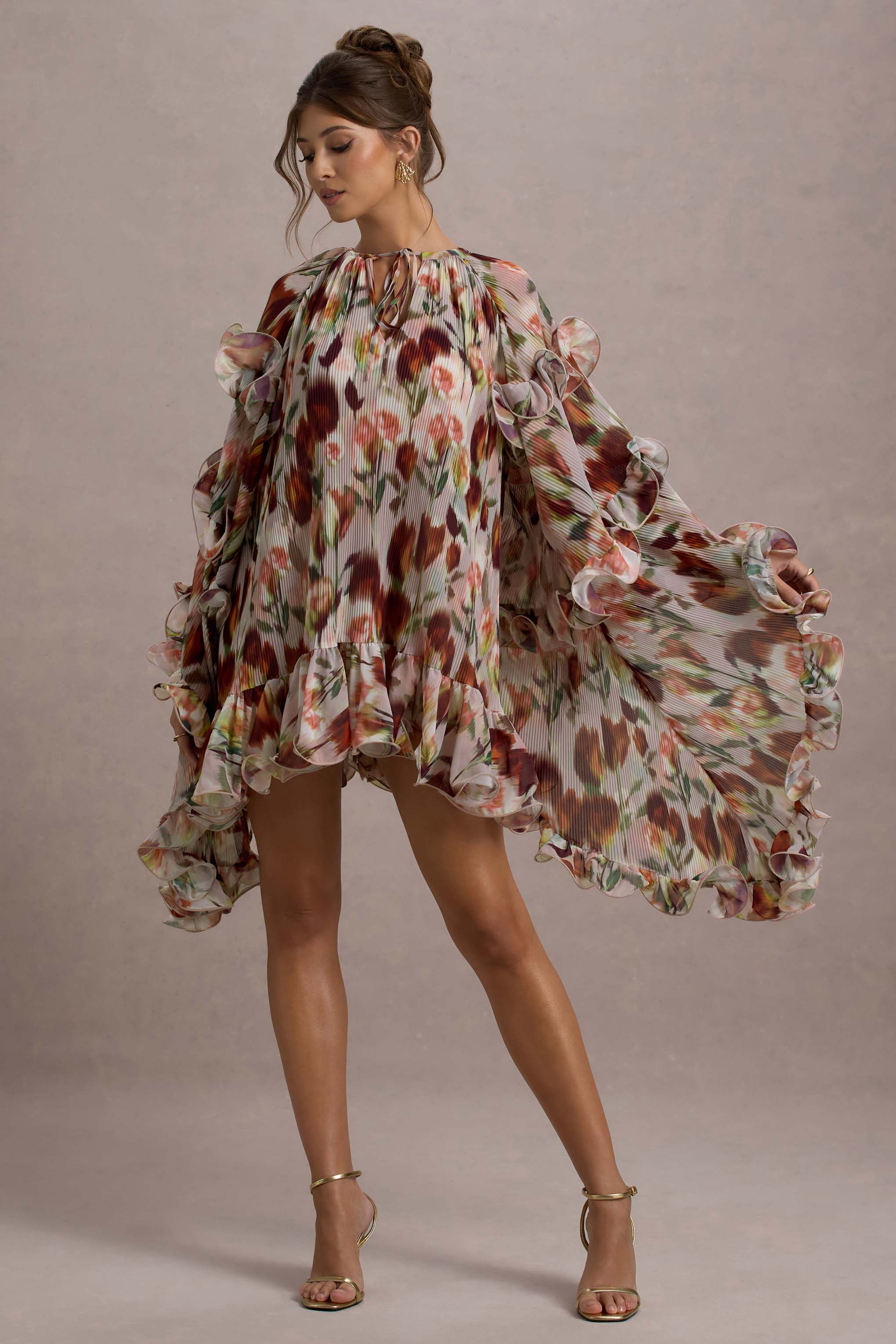 Abelia Cream Floral Print High-Neck Cape-Sleeve Chiffon Mini Dress