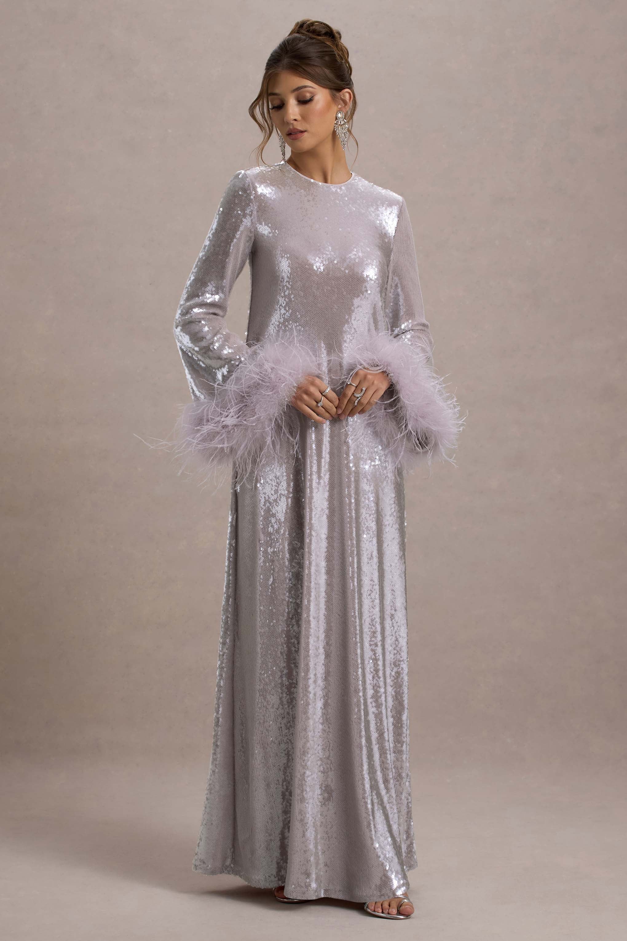 Tallie Lilac Sequin Maxi Dress With Feather Trim
