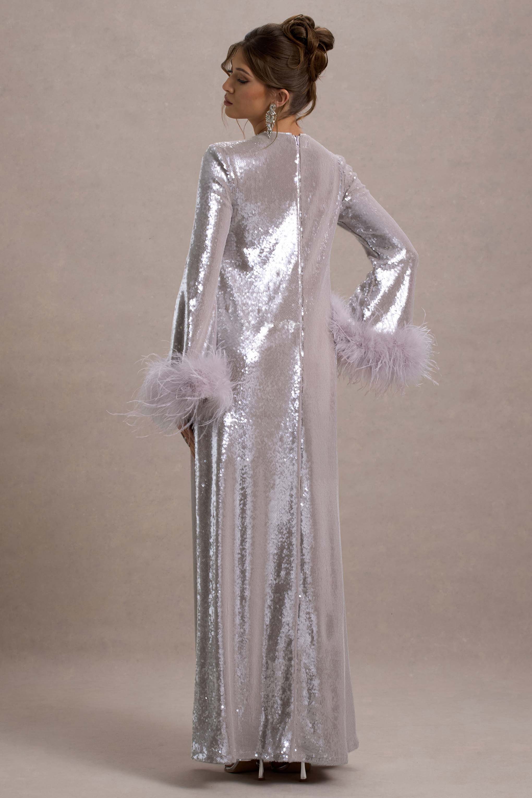 Tallie Lilac Sequin Maxi Dress With Feather Trim