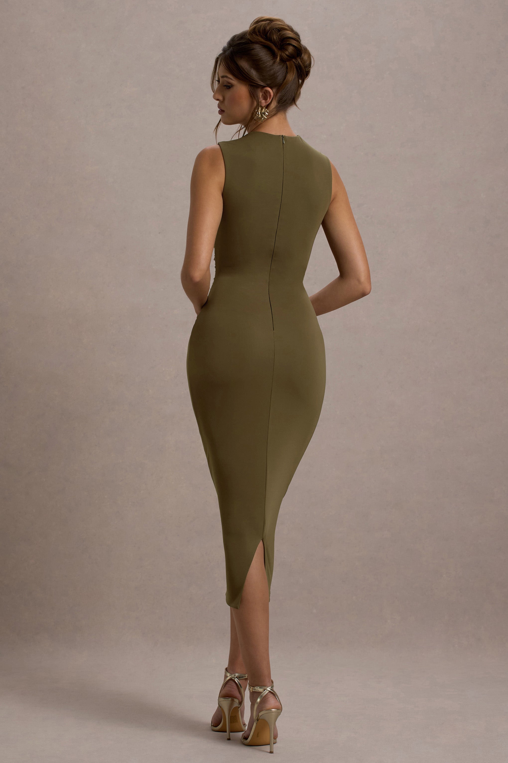 Jemma Khaki Bodycon Ruched Midi Dress