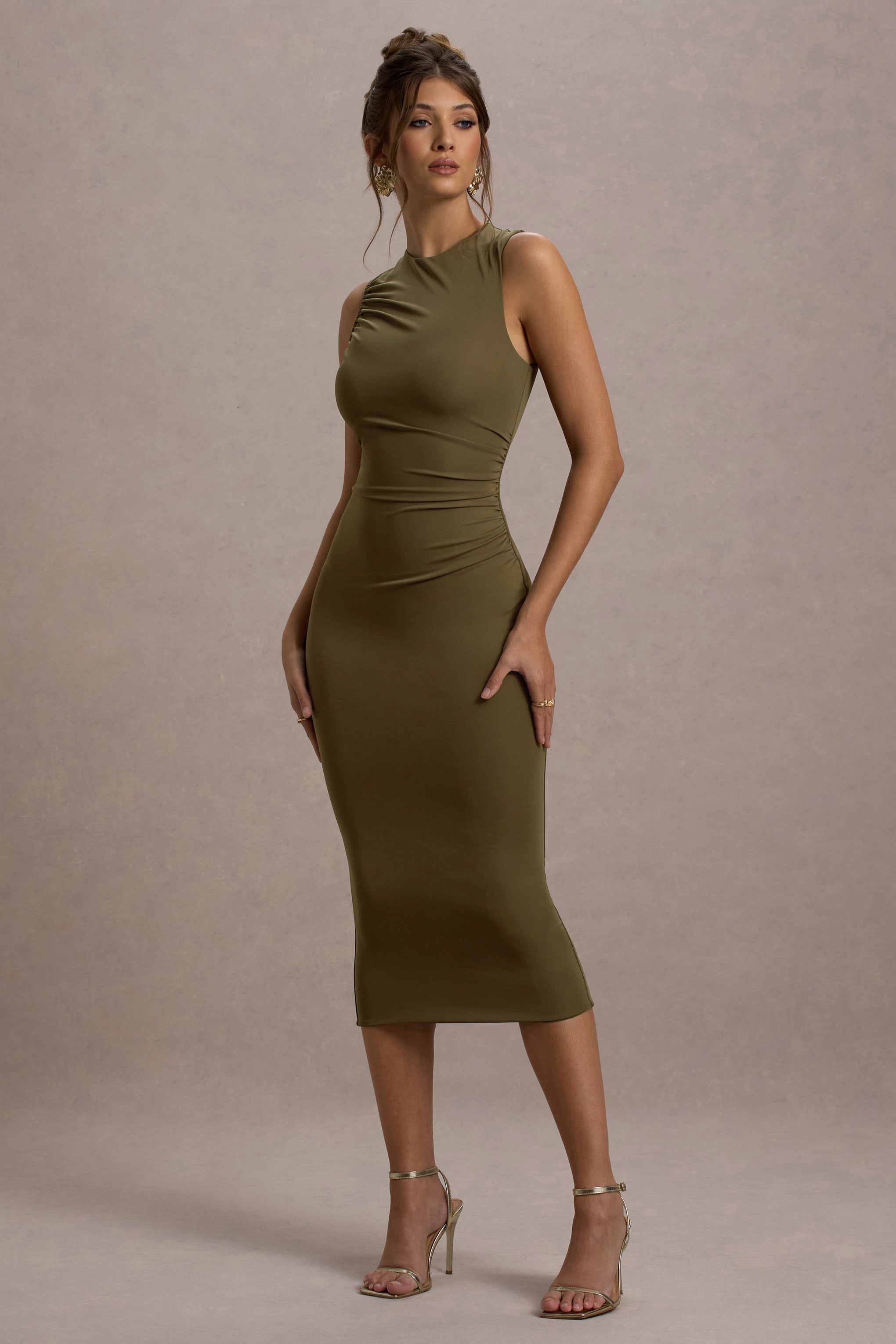 Jemma Khaki Bodycon Ruched Midi Dress