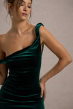 Carella Bottle Green Velvet Twisted Asymmetric Midi Dress