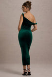 Carella Bottle Green Velvet Twisted Asymmetric Midi Dress