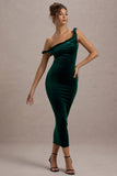 Carella Bottle Green Velvet Twisted Asymmetric Midi Dress