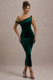 Carella Bottle Green Velvet Twisted Asymmetric Midi Dress