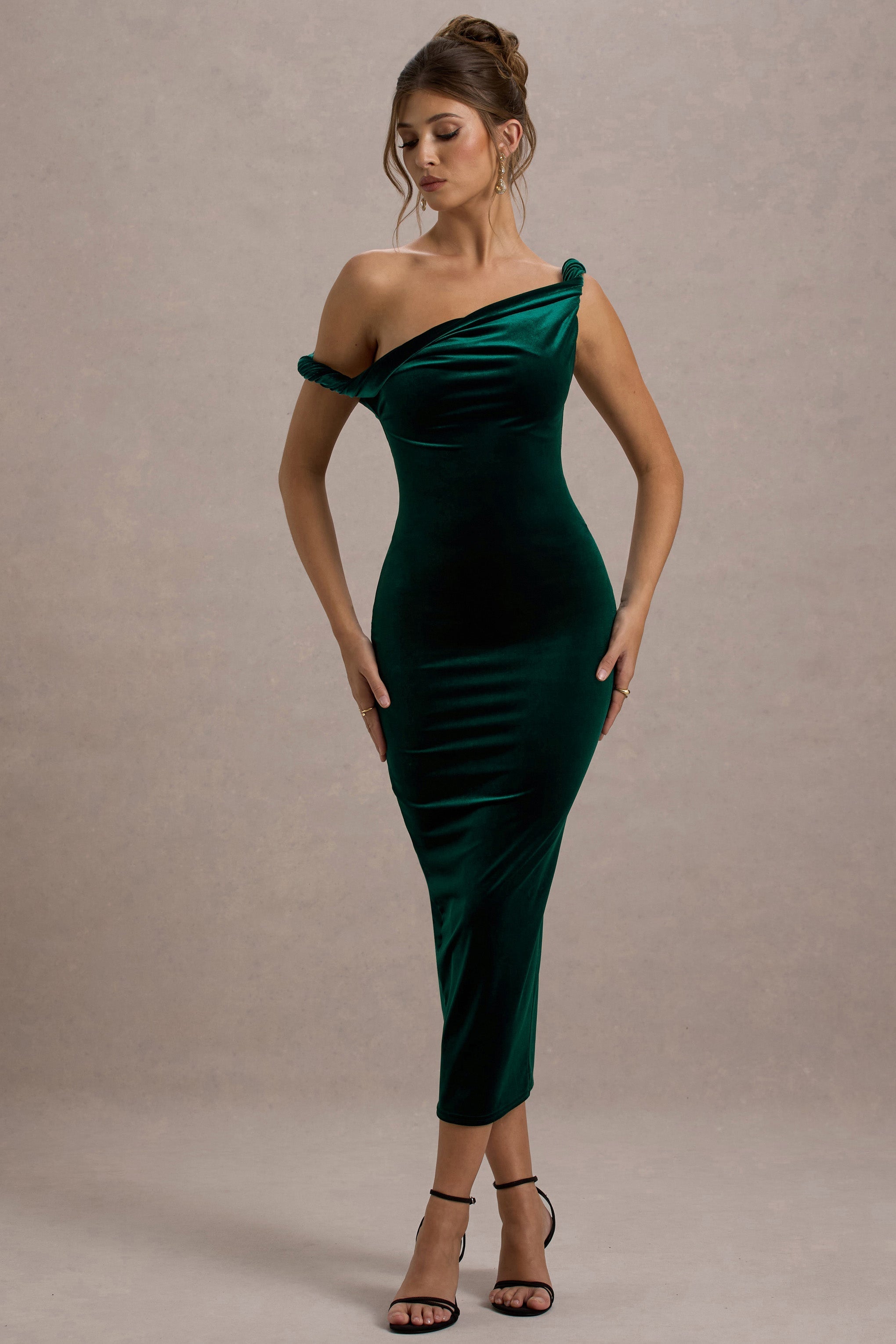 Carella Bottle Green Velvet Twisted Asymmetric Midi Dress