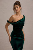 Carella Bottle Green Velvet Twisted Asymmetric Midi Dress