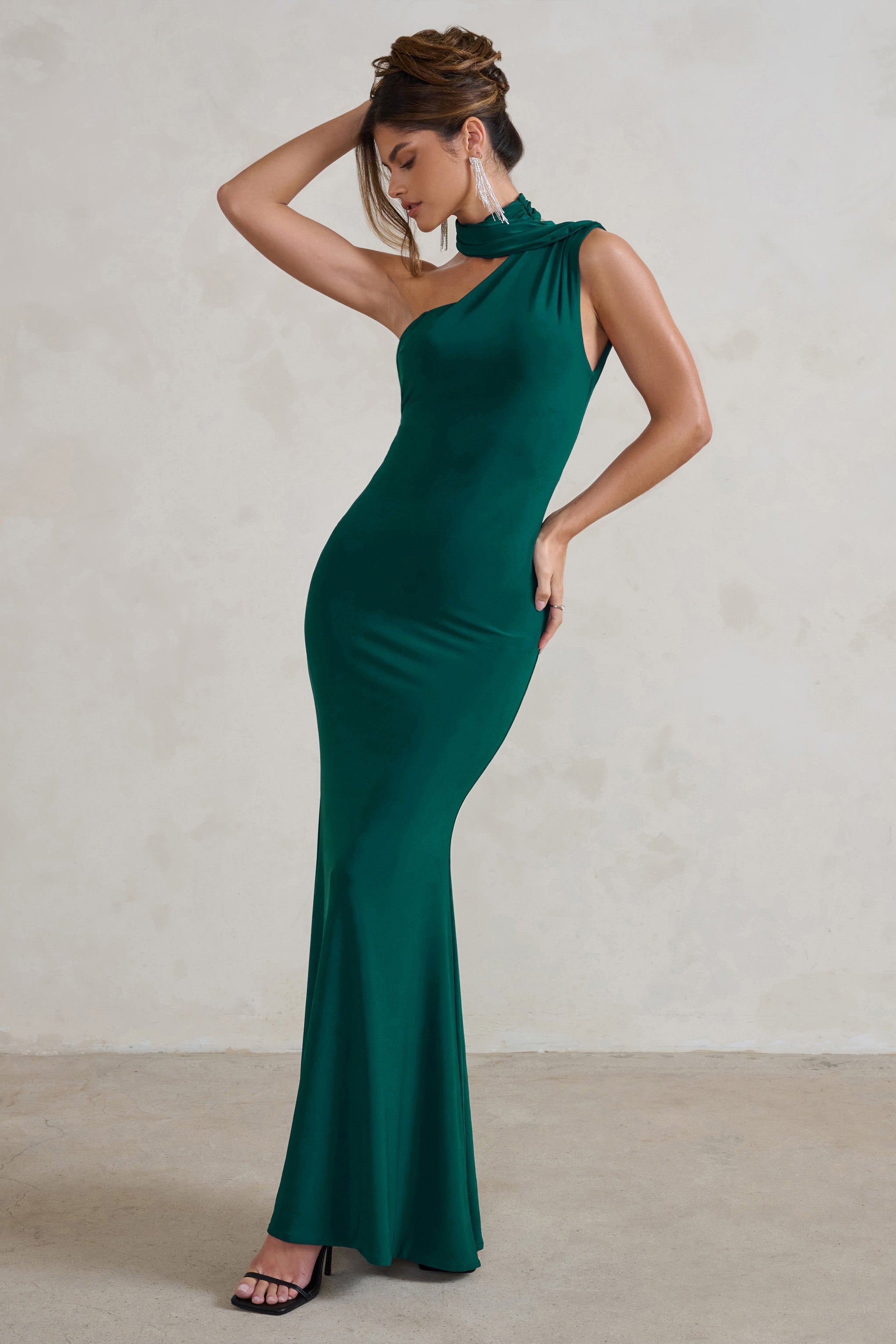 Capucine Bottle Green One Shoulder Draped Maxi Dress