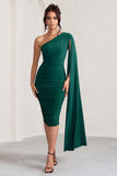 Yara Bottle Green One Shoulder Cape Ruched Midi Dress